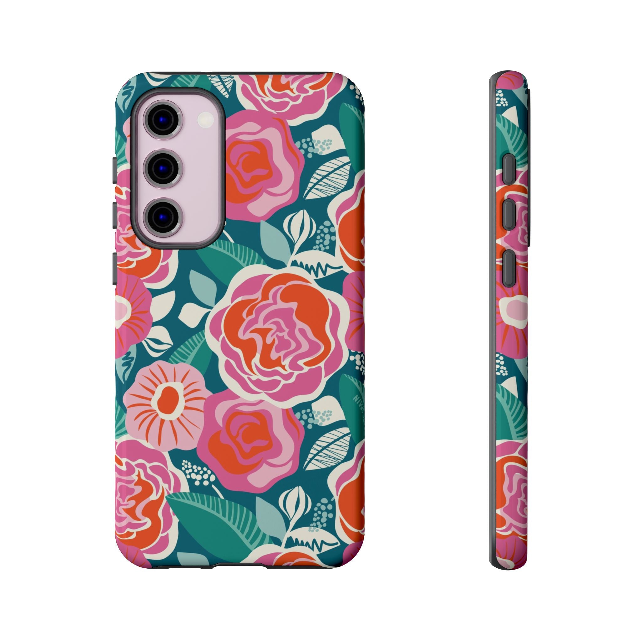 Luxury Tea Rose Teal Samsung Galaxy S23 Plus Case – Glossy | teal, coral, pink botanical rose floral print