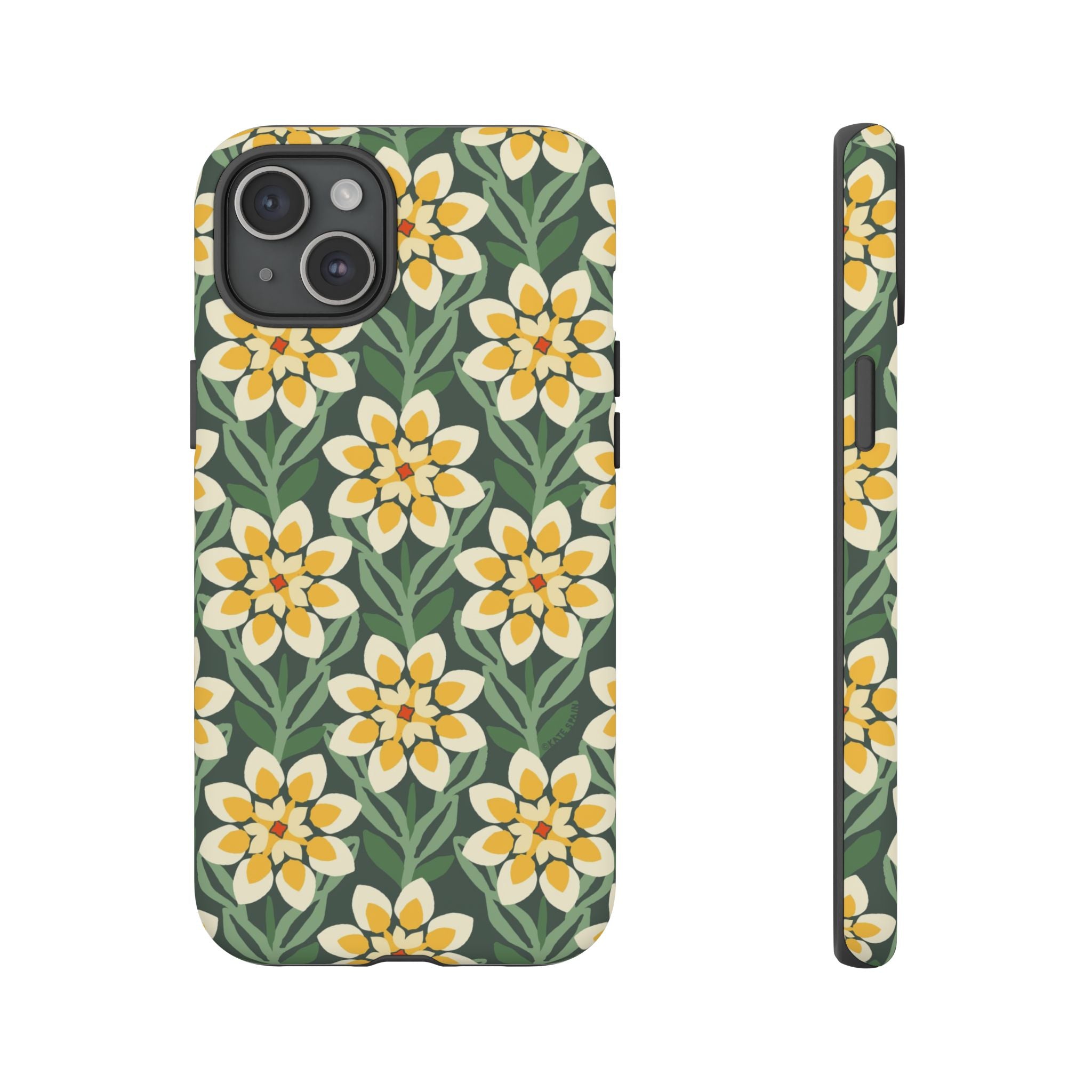 Designer Modern Dahlia Tough iPhone 15 Plus Case – Matte | yellow, cream, green dahlia floral print