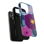 Bloomerie Violet MagSafe iPhone 16 Pro Max Case – Dual-layered view of case and inner lining in front of phone, with view of camera cutout and buttons | navy, purple, magenta botanical peony floral print