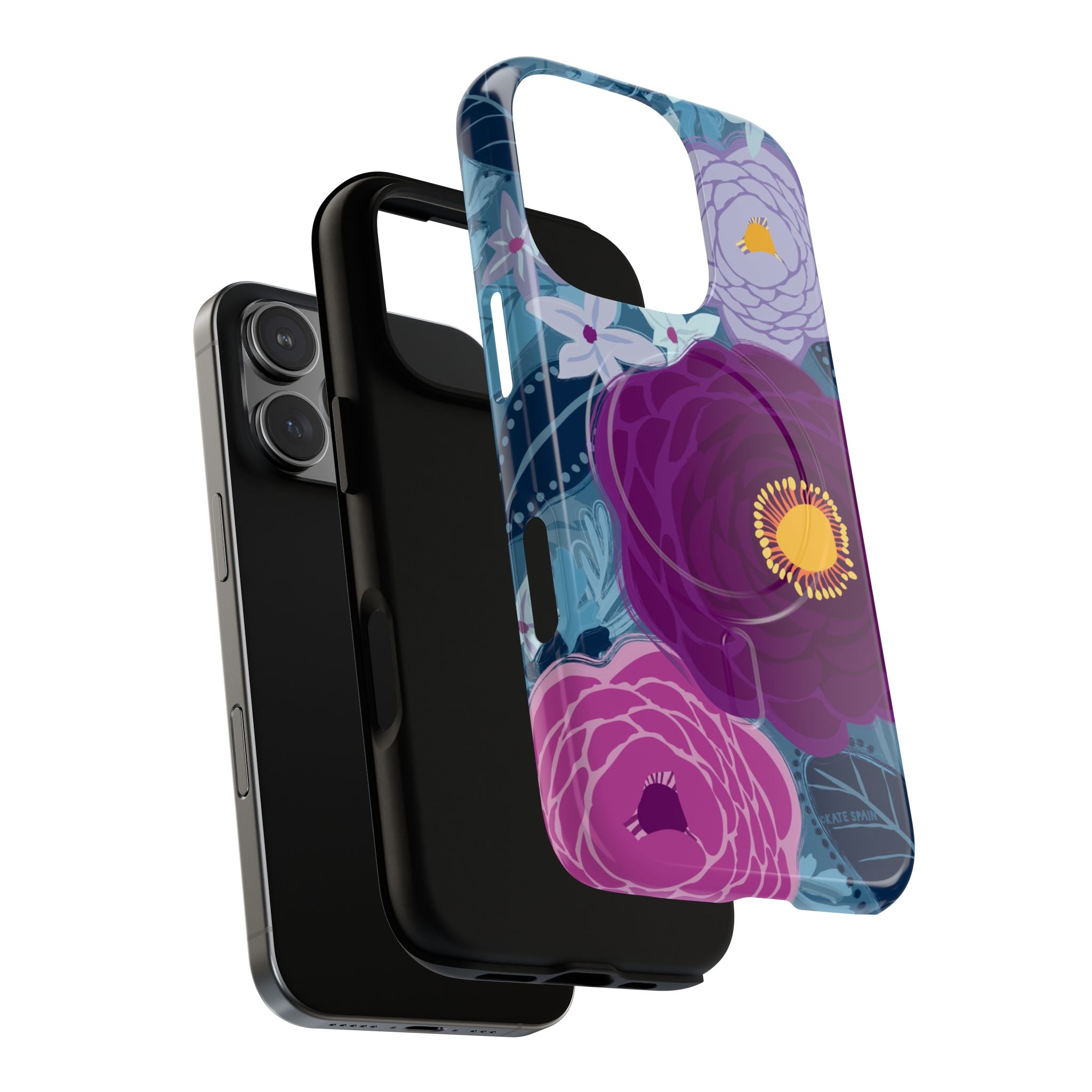Bloomerie Violet MagSafe iPhone 16 Pro Max Case – Dual-layered view of case and inner lining in front of phone, with view of camera cutout and buttons | navy, purple, magenta botanical peony floral print