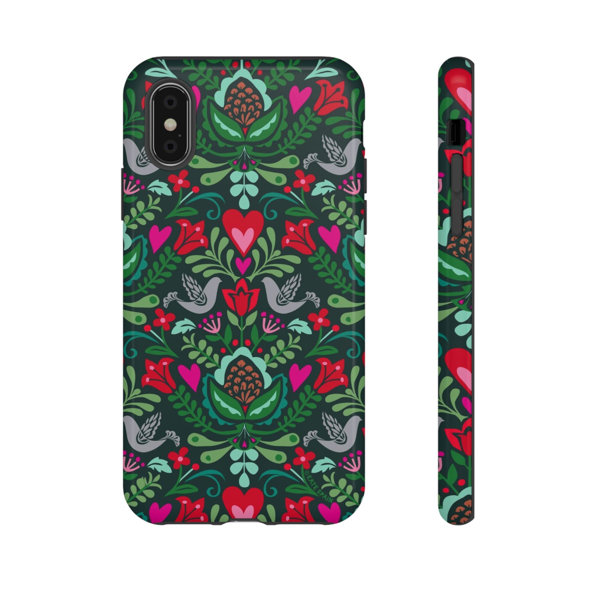 Rosemaling Tough iPhone XS Case – Glossy | dark green, red, pink, gray folk art floral bird print