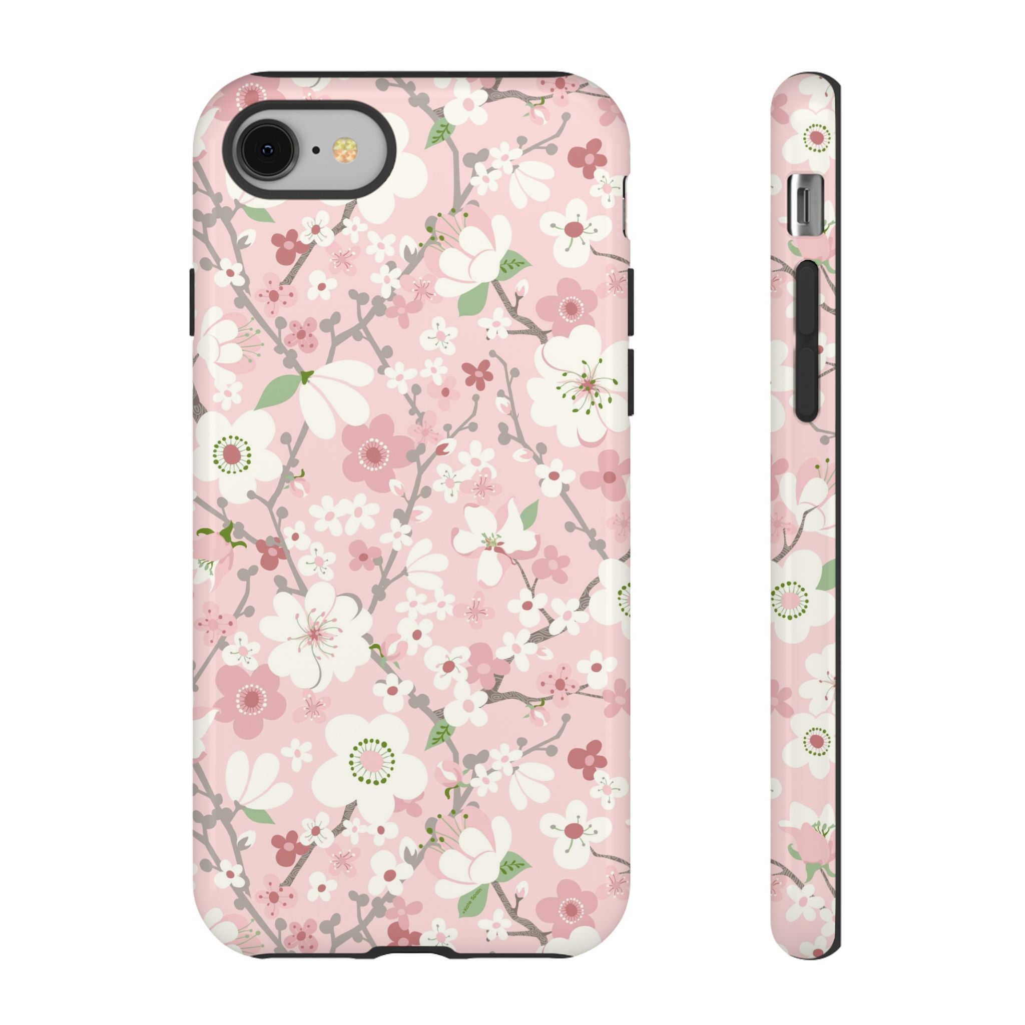 Luxury Pink Cherry Blossom Tough iPhone 8 Case – Glossy | light pink, white, cherry blossom floral print