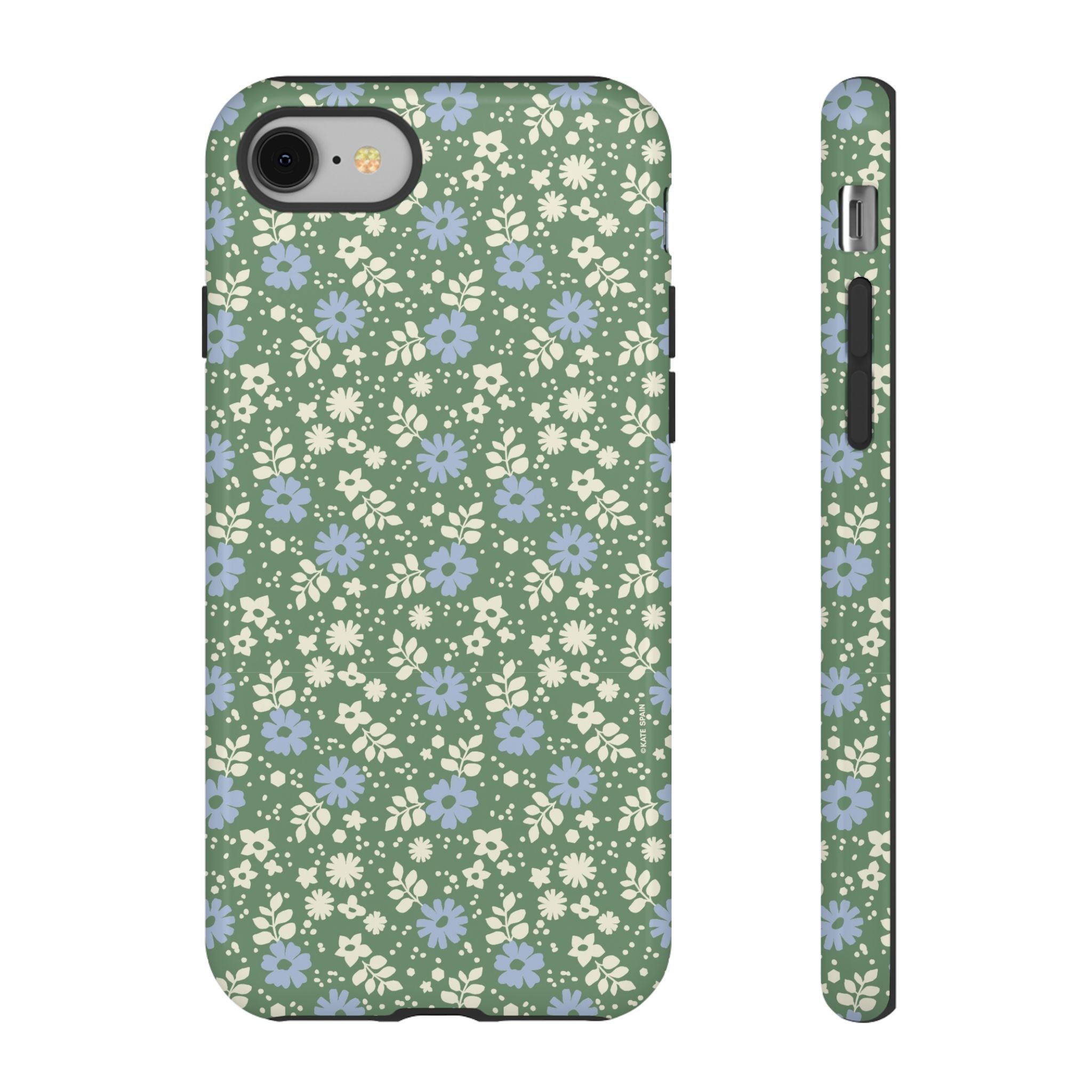 Petaline Tough iPhone 8 Case – Glossy | green, blue, cream ditsy floral print