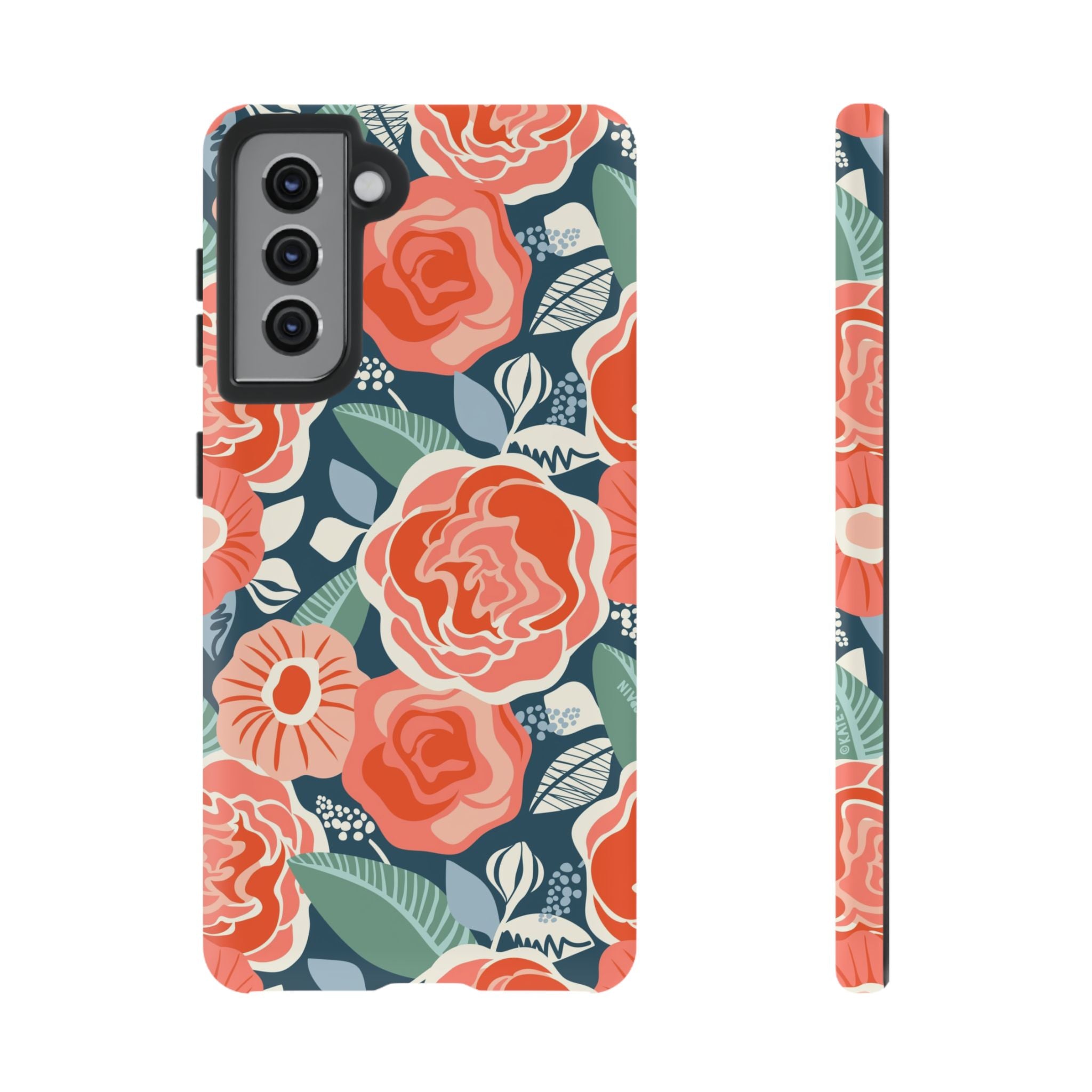 Luxury Tea Rose Navy Samsung Galaxy S21 Case – Matte | navy, coral, peach botanical rose floral print