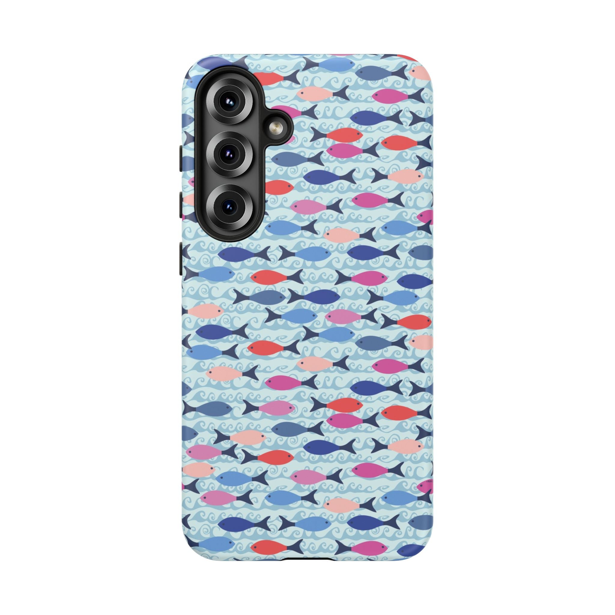 Summer Minnows Samsung Galaxy S25 Plus Case – Matte | navy, coral, pink, and periwinkle fish on a pale aqua ground