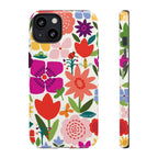 Happy Blooms Tough iPhone 13 Case – Matte | cream, red, magenta, coral botanical floral print