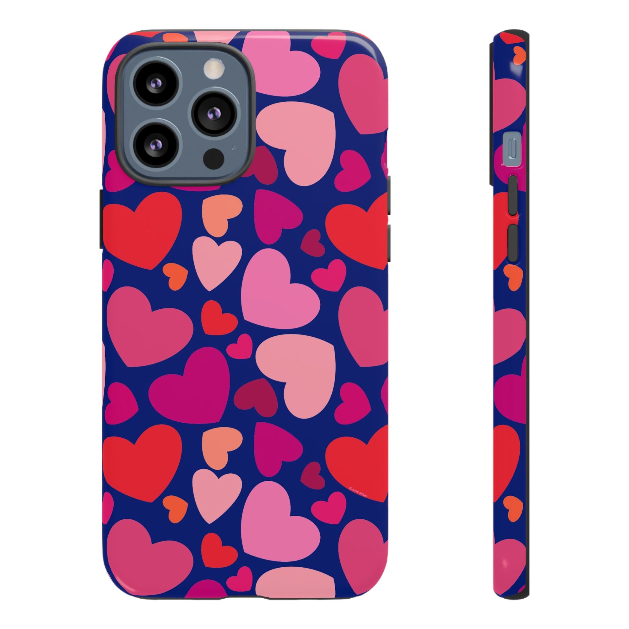 Hearts Tough iPhone 13 Pro Max Case – Glossy | navy, pink, red, coral scattered heart print