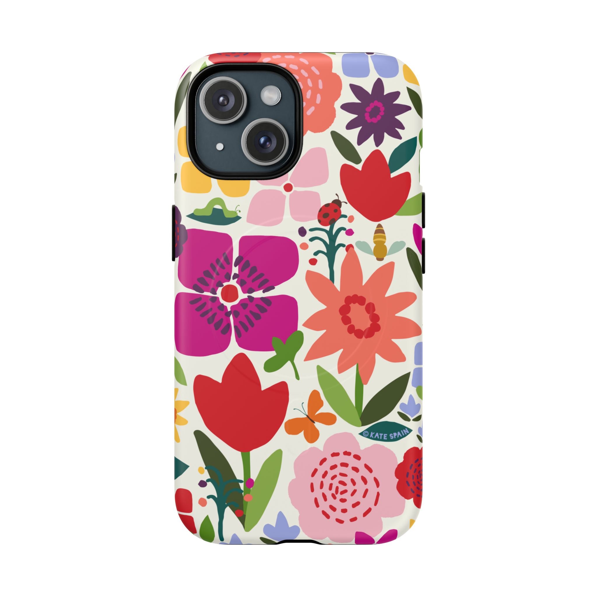 Happy Blooms MagSafe iPhone 15 Case – Matte | cream, red, magenta, coral botanical floral print