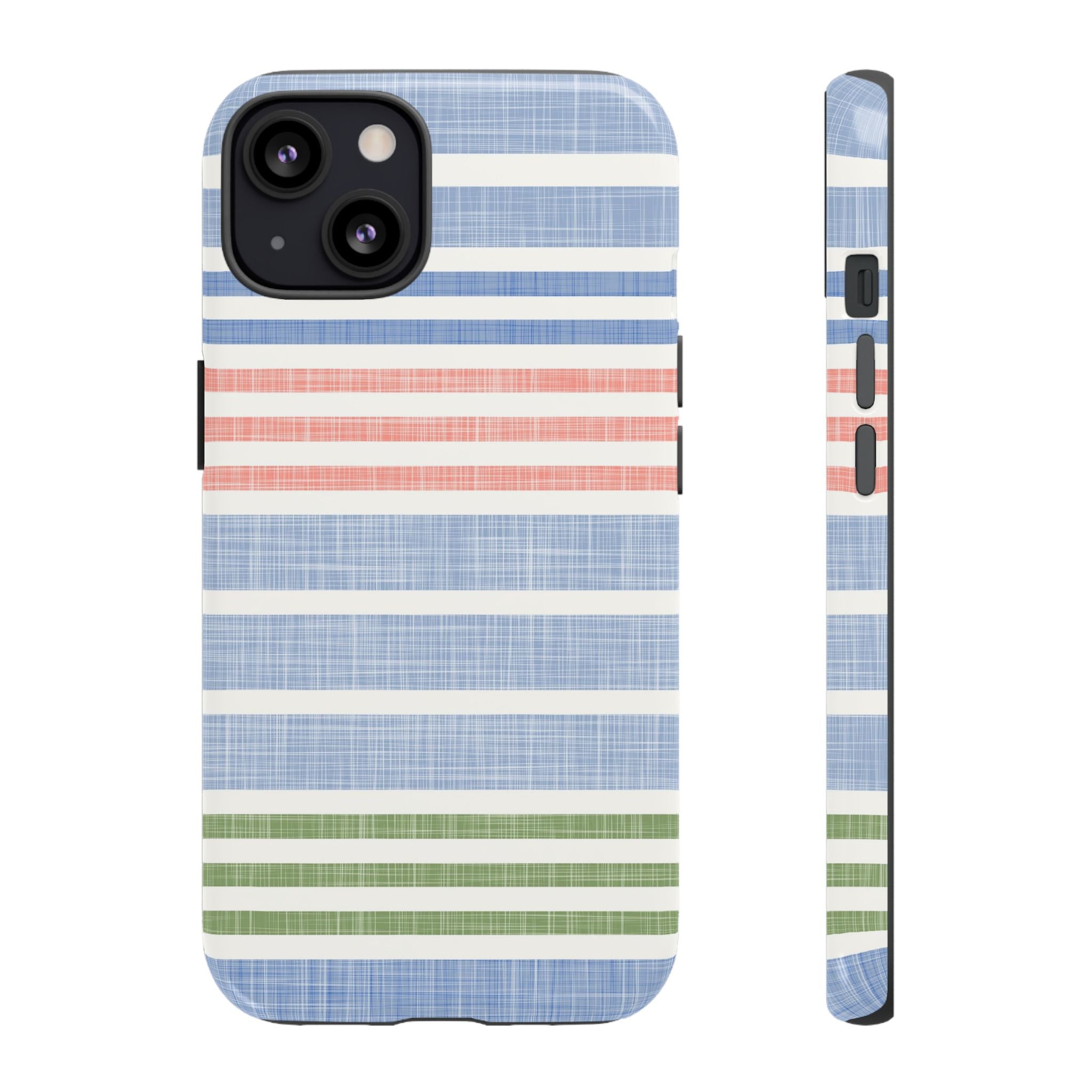 Cabana Stripe Pastel Tough iPhone 13 Case – Glossy | soft blue, coral, sage green chambray-textured stripe print dual-layer protection