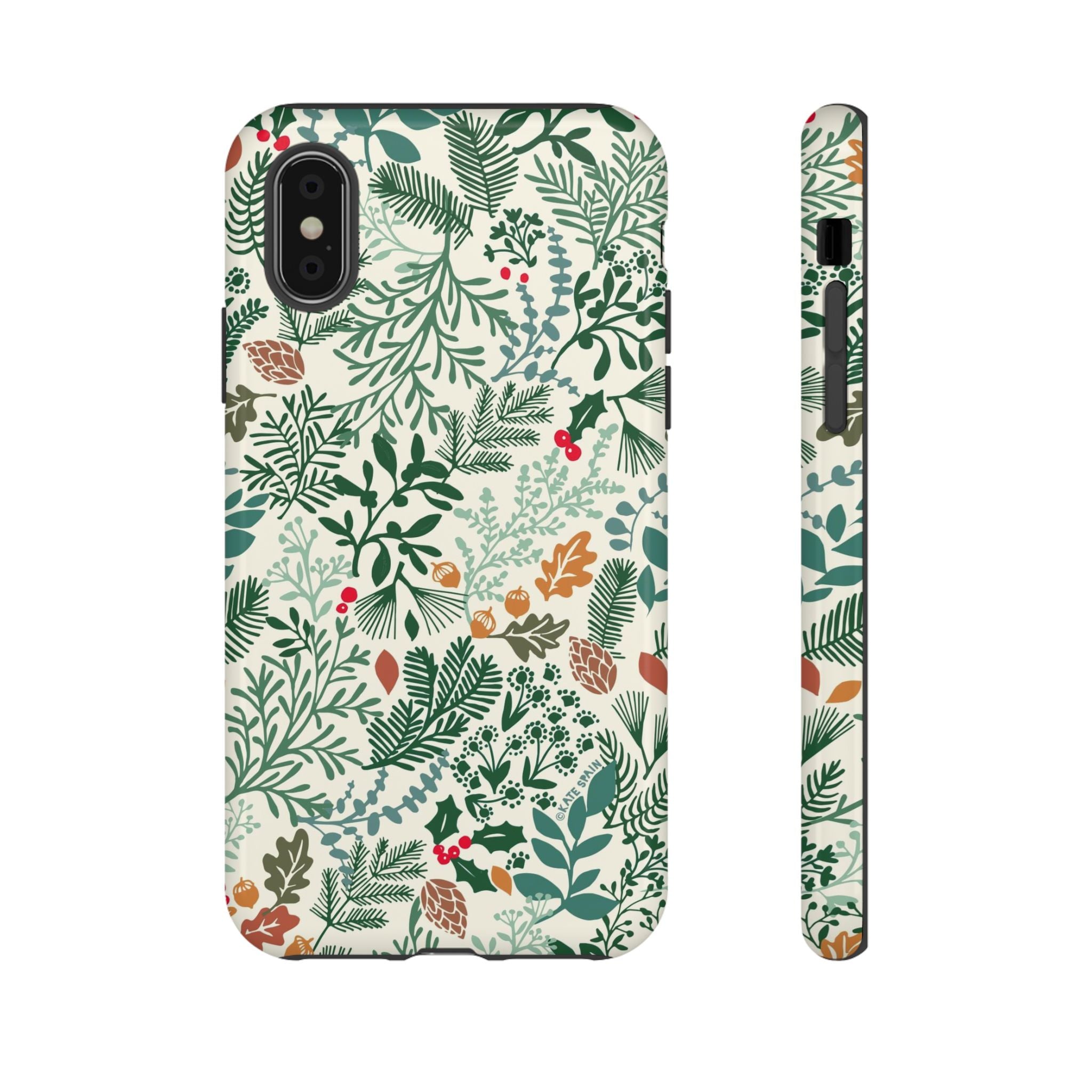 Juniper Tough iPhone XS Case – Glossy | cream, green, red botanical woodland print