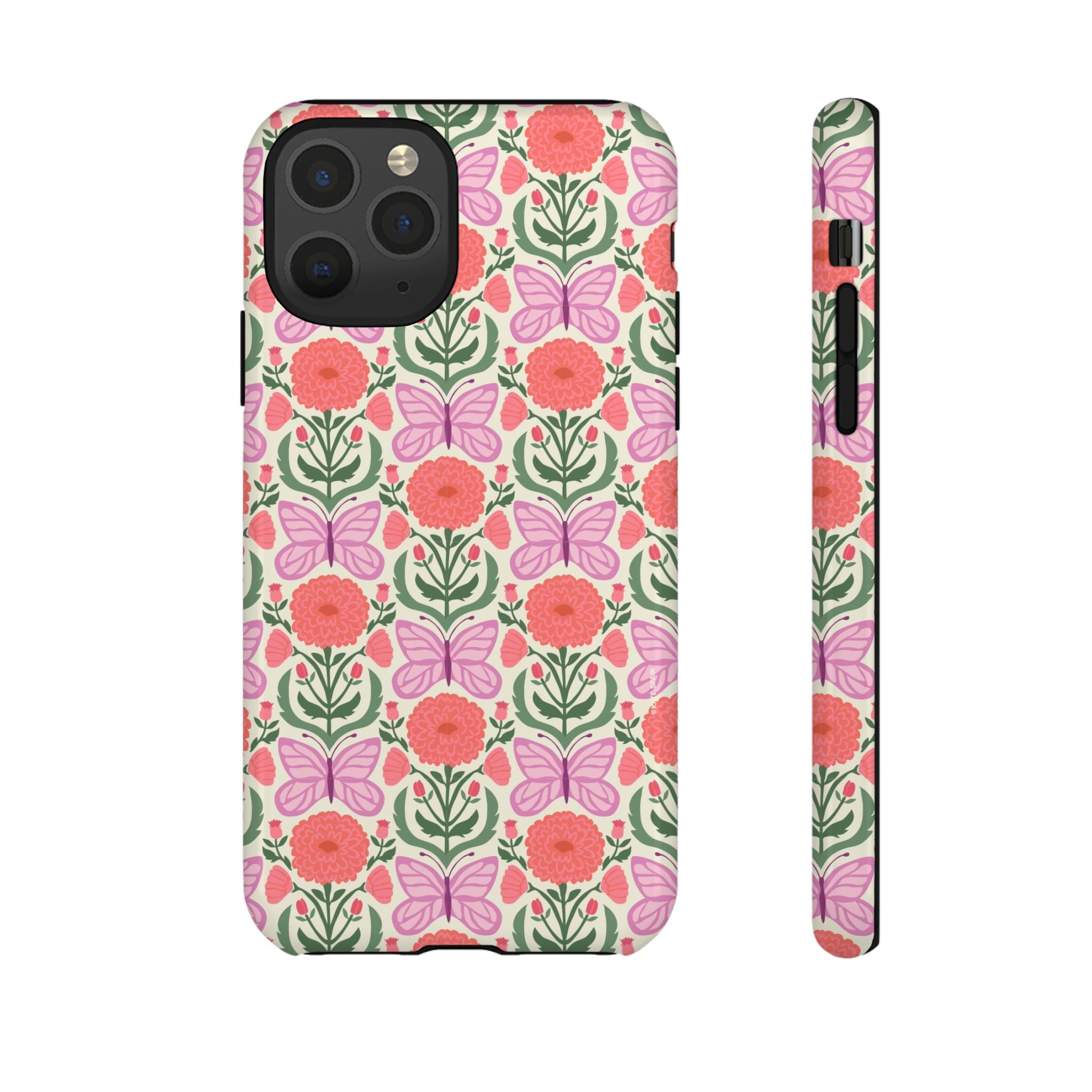 Pink Butterfly Tough iPhone 11 Pro Case – Glossy | pink, coral, green, cream butterfly floral print