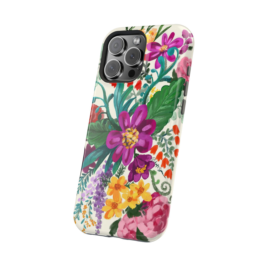 Posy MagSafe iPhone 16 Pro Max Case – Glossy angled view | white, magenta, yellow, purple vibrant botanical floral print