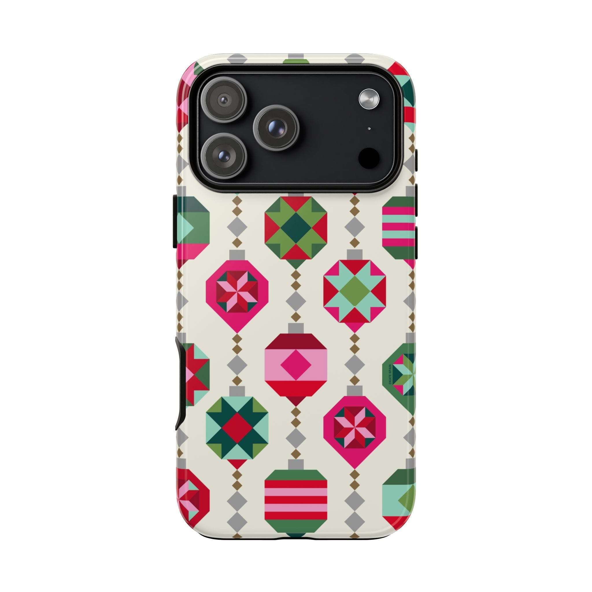 Felicity Ornaments Tough iPhone 17 Pro Max Case – Glossy | cream, red, pink, green, mint geometric quilted ornament print