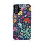 Peacock Sanctuary MagSafe iPhone 16 Plus Case – Glossy | navy, teal, coral multicolor vibrant peacock feather botanical print