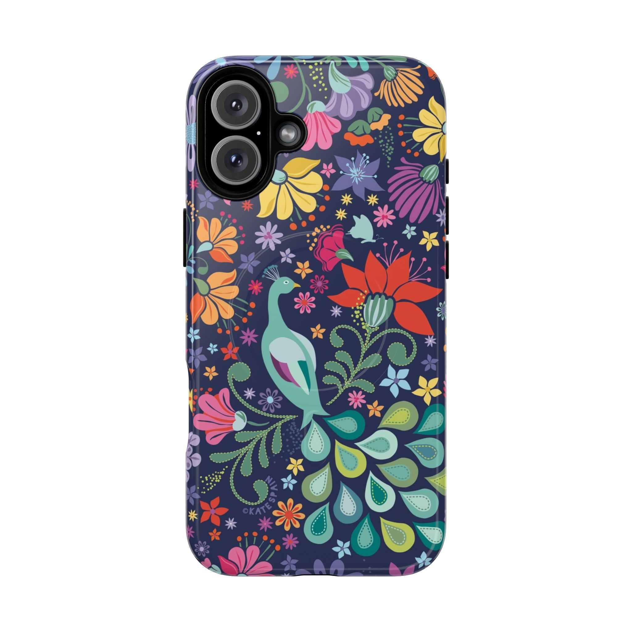 Peacock Sanctuary MagSafe iPhone 16 Plus Case – Glossy | navy, teal, coral multicolor vibrant peacock feather botanical print