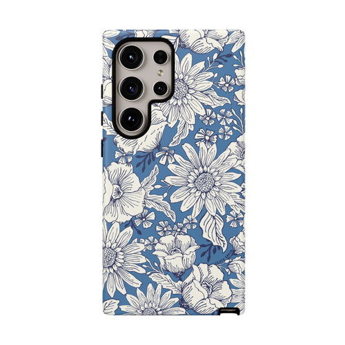 Luxury Jardin Samsung Galaxy S24 Ultra Case – Glossy | steel blue, white botanical daisy floral print