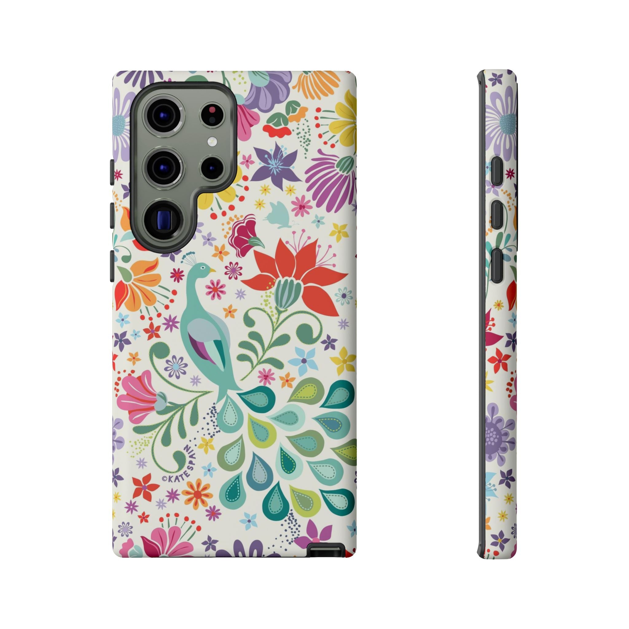 Luxury Peacock Sanctuary Samsung Galaxy S23 Ultra Case – Matte | white, teal, coral multicolor vibrant peacock feather botanical print
