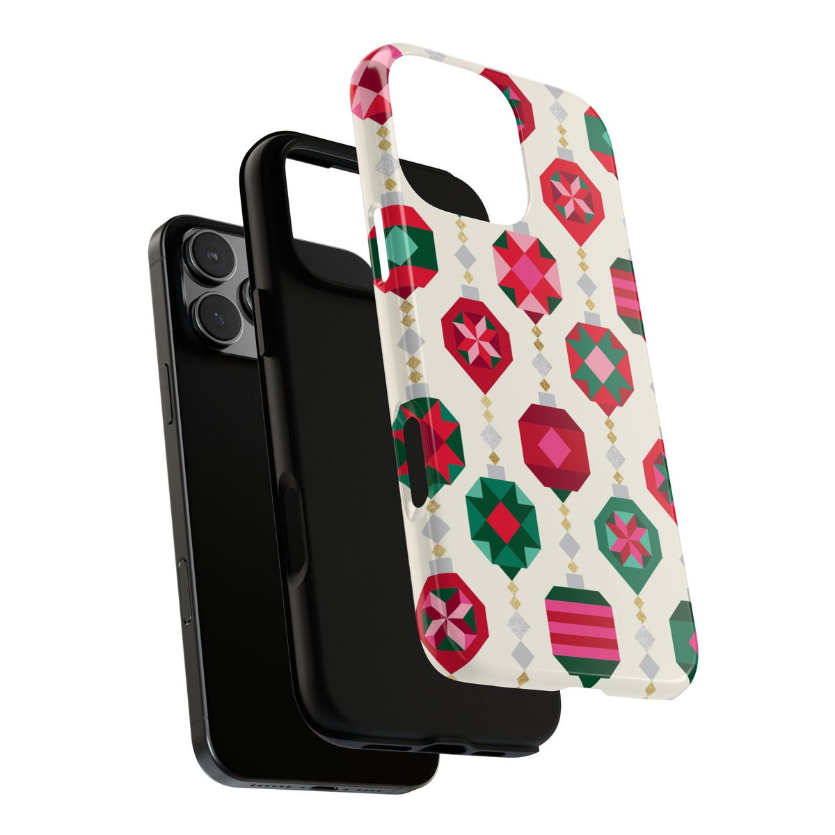 Felicity Ornaments Tough iPhone Case – detail view of case, camera cutout and buttons | holiday ornament print