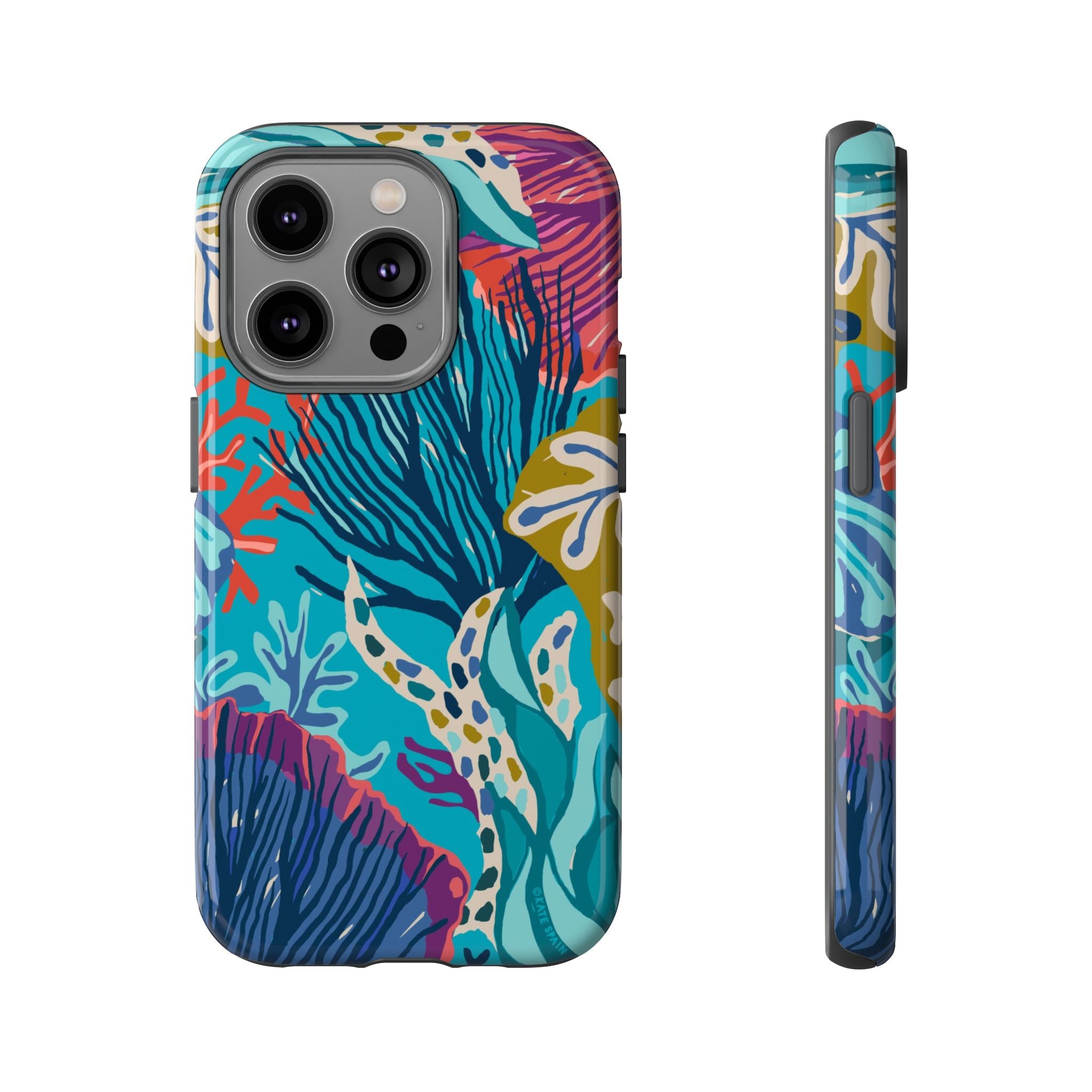 Reef Tough iPhone 14 Pro Case – Glossy | teal, coral, navy, purple botanical coral reef print