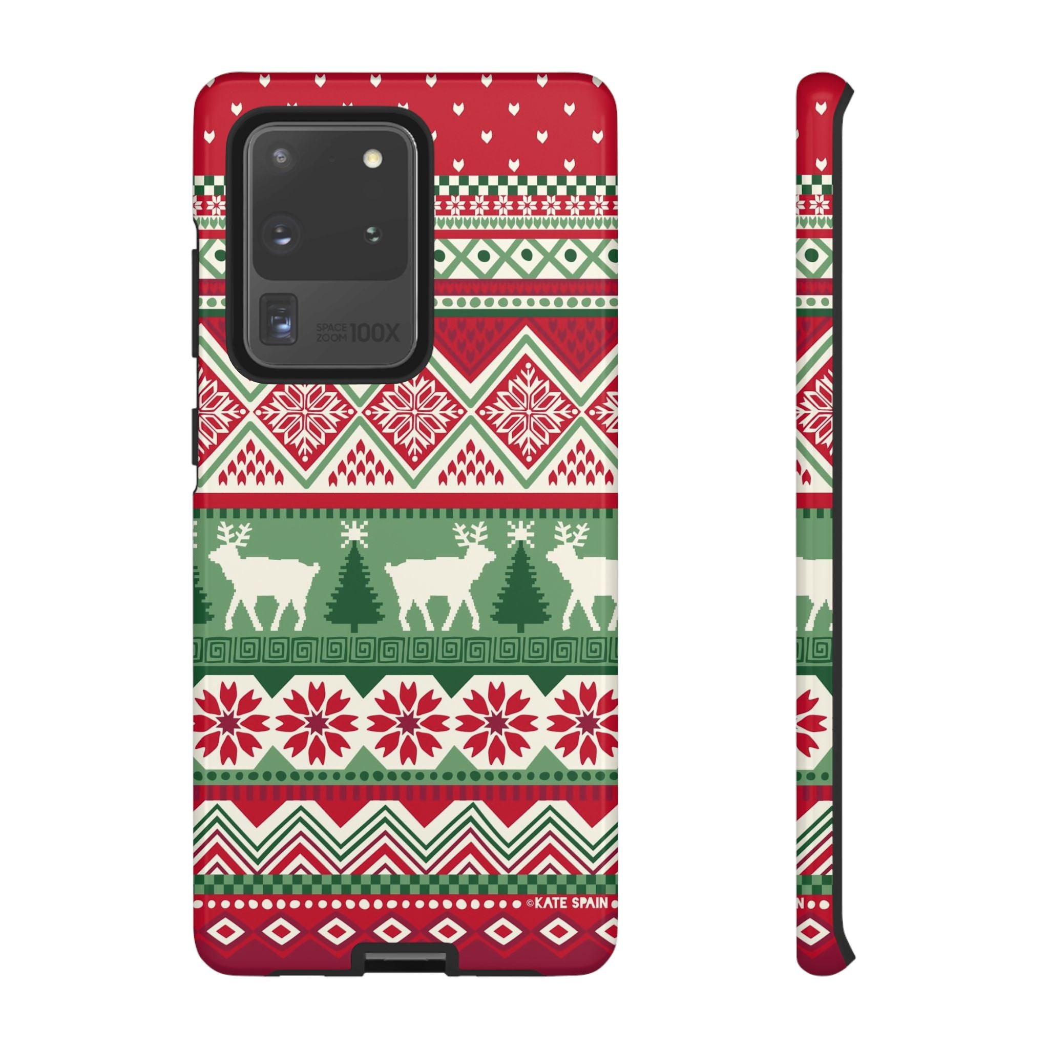 Luxury Telemark Samsung Galaxy S20 Ultra Case – Glossy | red, green, cream Nordic fair isle reindeer print