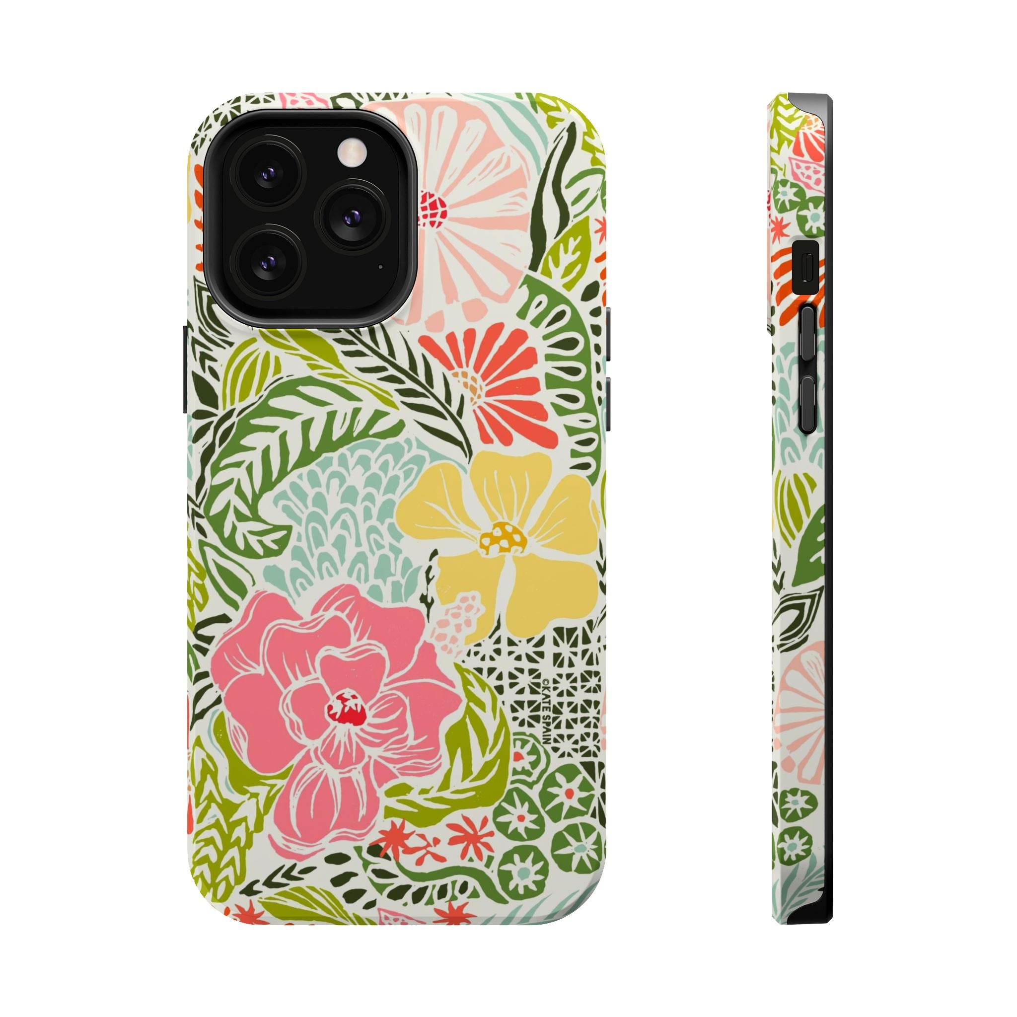 Tropica MagSafe iPhone 13 Pro Max Case – Glossy | cream, pink, yellow, blue botanical floral print MagSafe compatible, dual-layer protection
