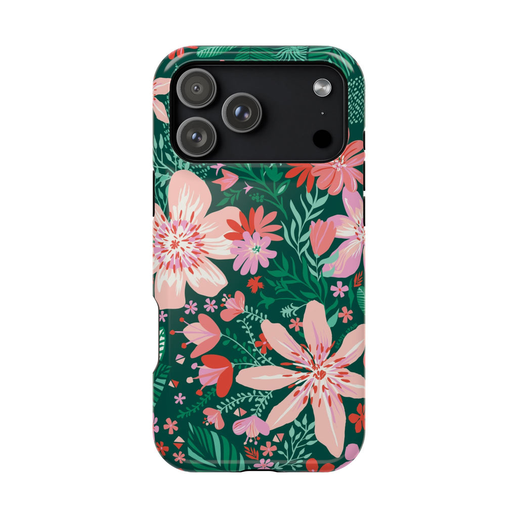 Bonaire MagSafe iPhone 17 Pro Max Case – Glossy | forest green, blush, coral tropical floral print