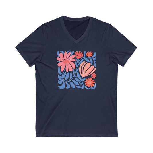 Minimalist floral graphic design with modern botanical illustrations printed on a navy blue colored premium vneck tshirt.