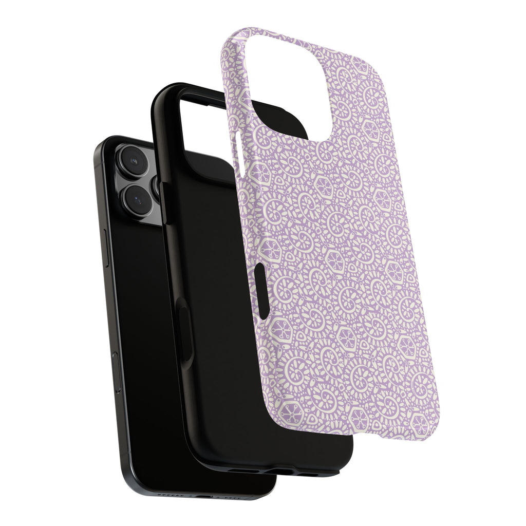 Canto Swirls Lavender iPhone 16 Pro Max Glossy Case — dual-layer construction detail showing protective inner and outer layers; lavender folk-art medallion pattern