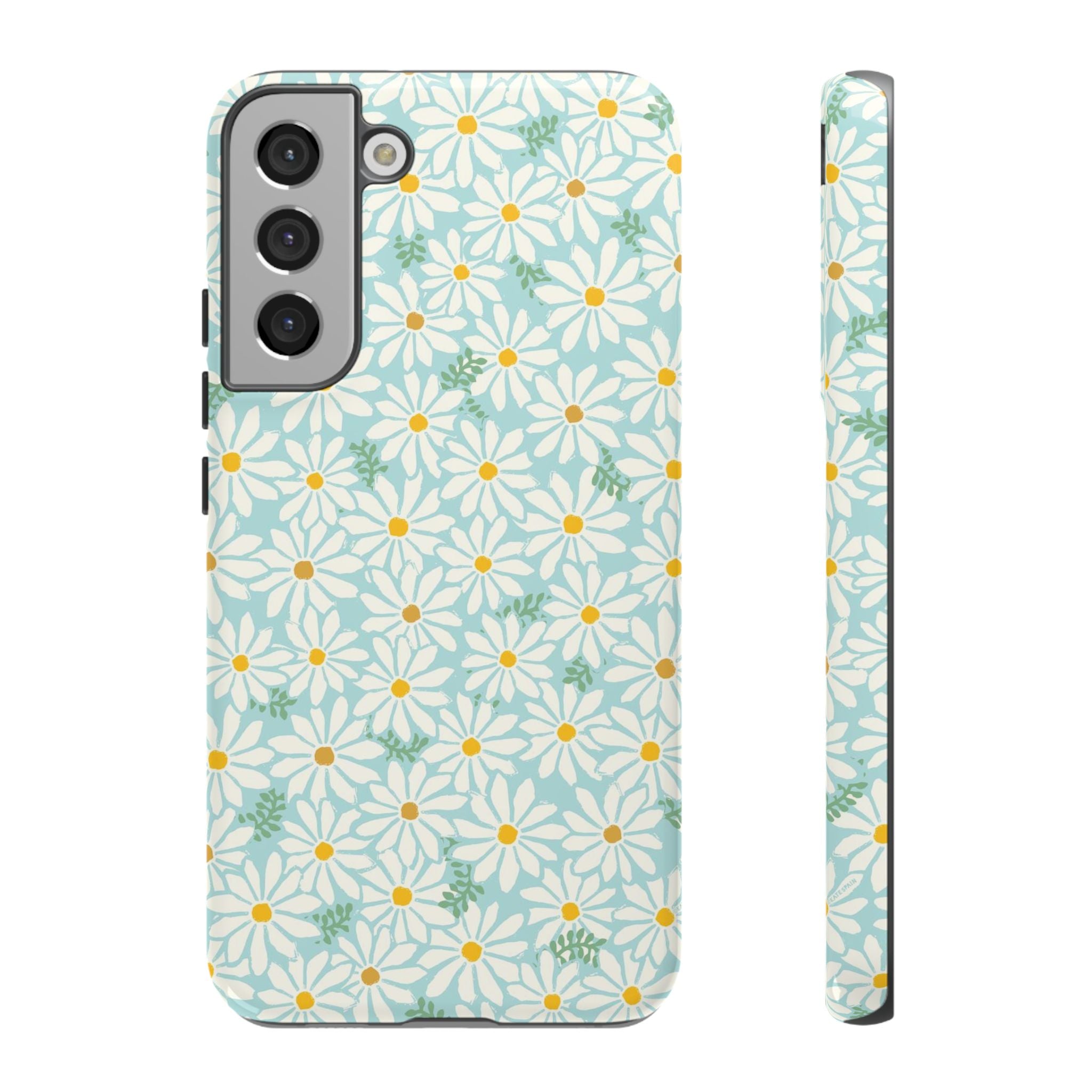 Daisies Samsung Galaxy S22 Plus Case – Glossy | sky blue, white daisy print, golden yellow centers, mint green leaves dual-layer protection