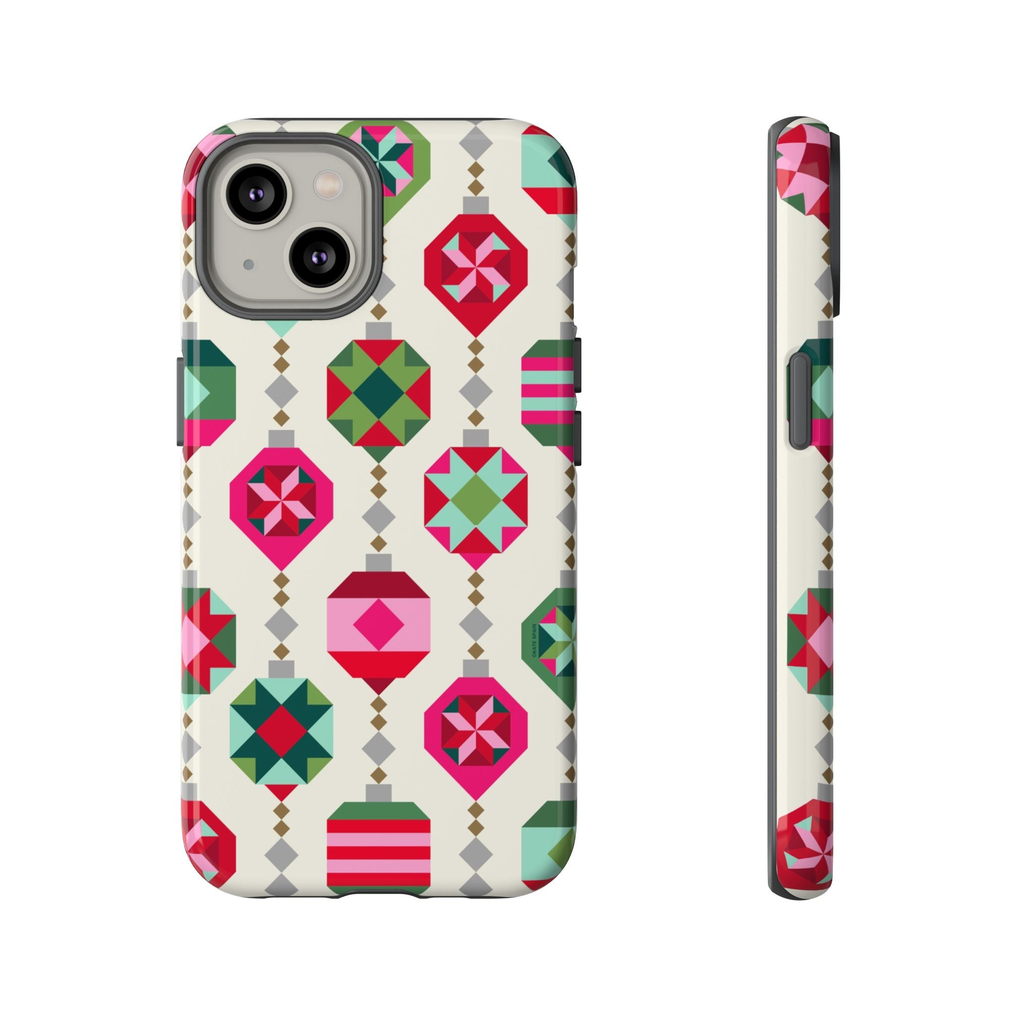 Felicity Ornaments Tough iPhone 14 Case – Glossy | cream, red, pink, green, mint geometric quilted ornament print