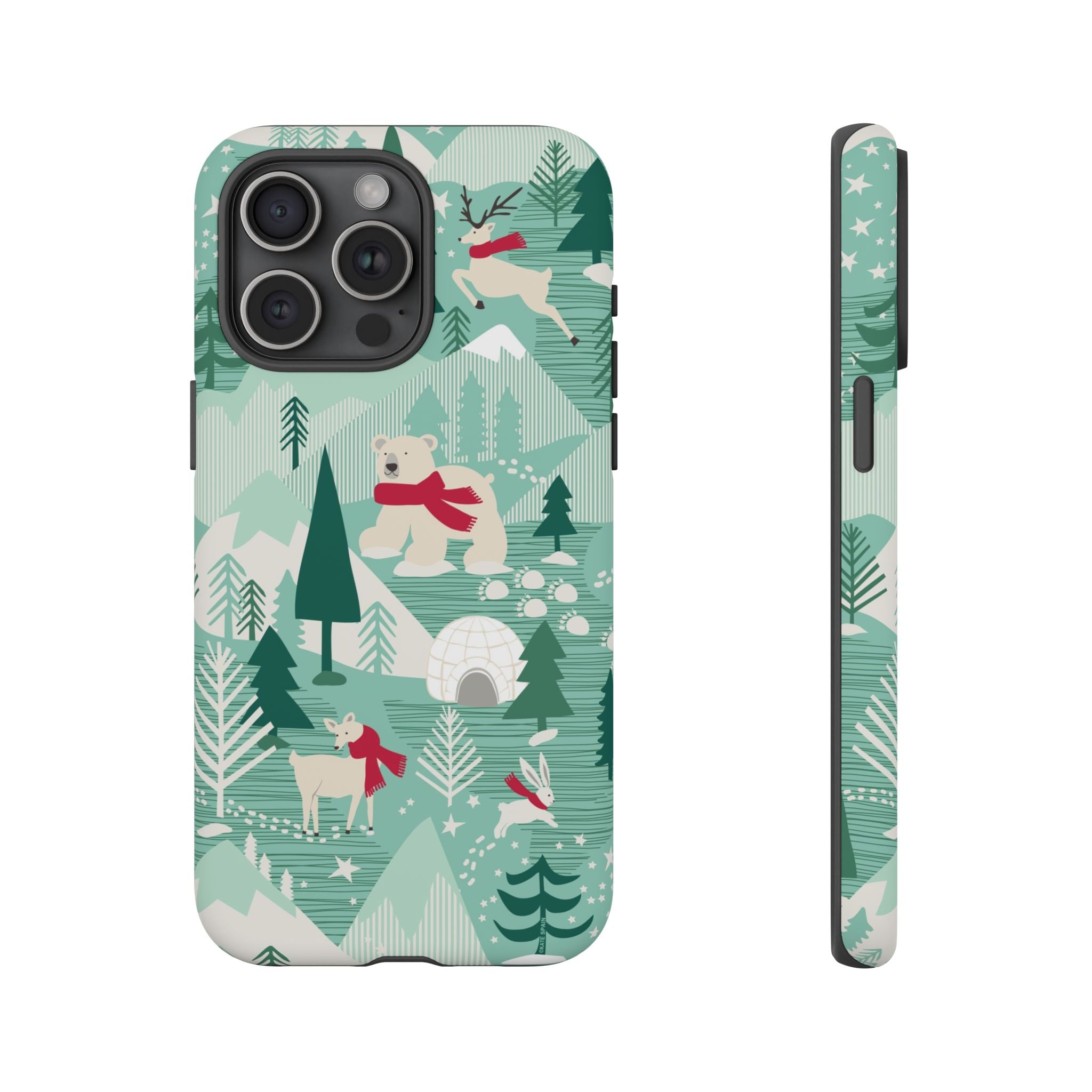Arctica Winter Tough iPhone 15 Pro Max Case – Matte | aqua, evergreen, white, animal frolic winter wonderland print