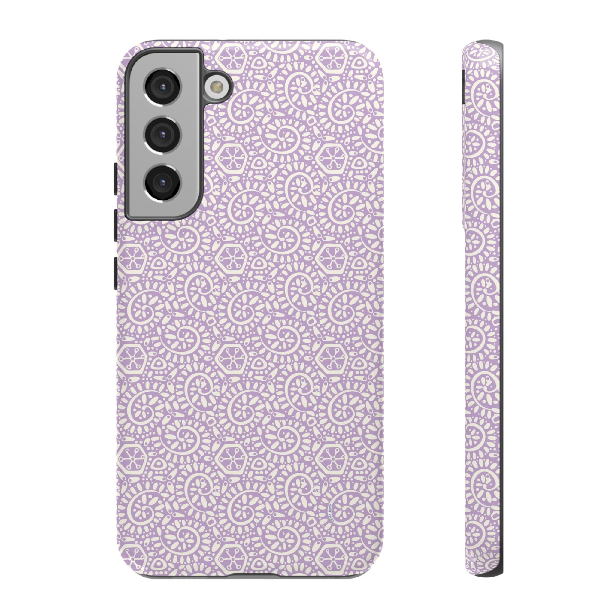 Canto Swirls Lavender Samsung Galaxy S22 Plus Glossy Case — lavender hard case covered in an intricate folk-art medallion pattern of radiating circular motifs, dot clusters, and geometric centers