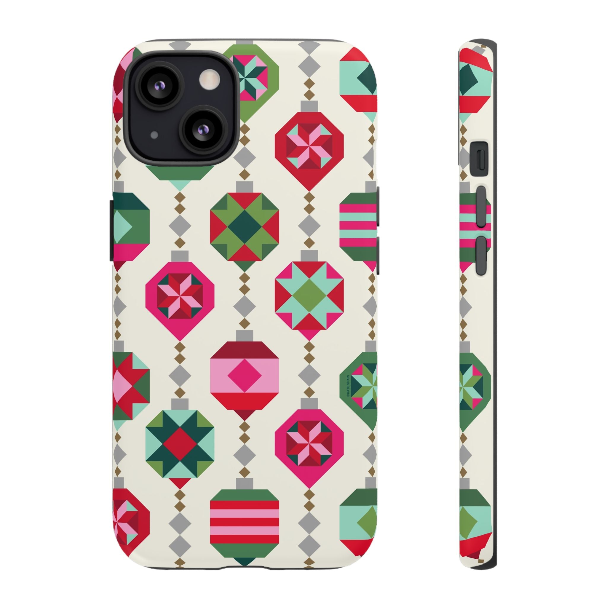 Felicity Ornaments Tough iPhone 13 Case – Glossy | cream, red, pink, green, mint geometric quilted ornament print