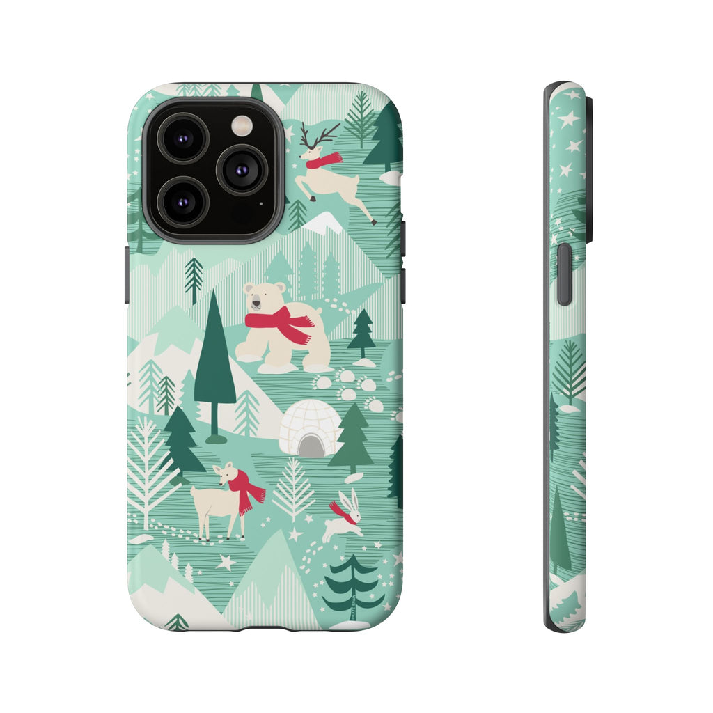 Arctica Winter Tough iPhone 14 Pro Max Case – Matte | aqua, evergreen, white, animal frolic winter wonderland print