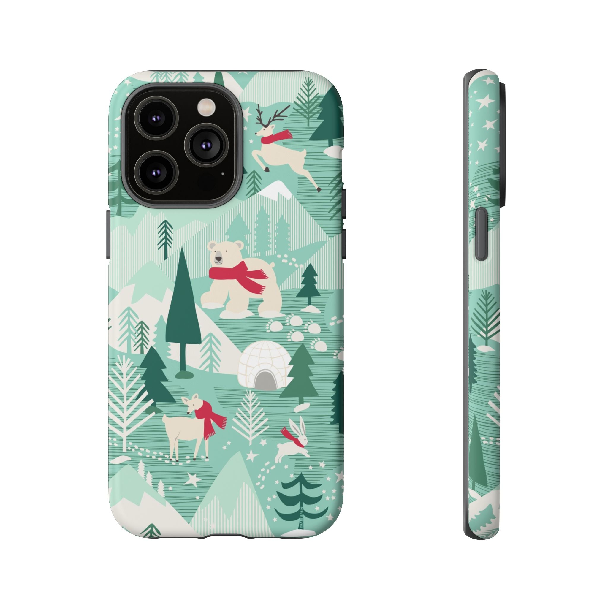 Arctica Winter Tough iPhone 14 Pro Max Case – Matte | aqua, evergreen, white, animal frolic winter wonderland print