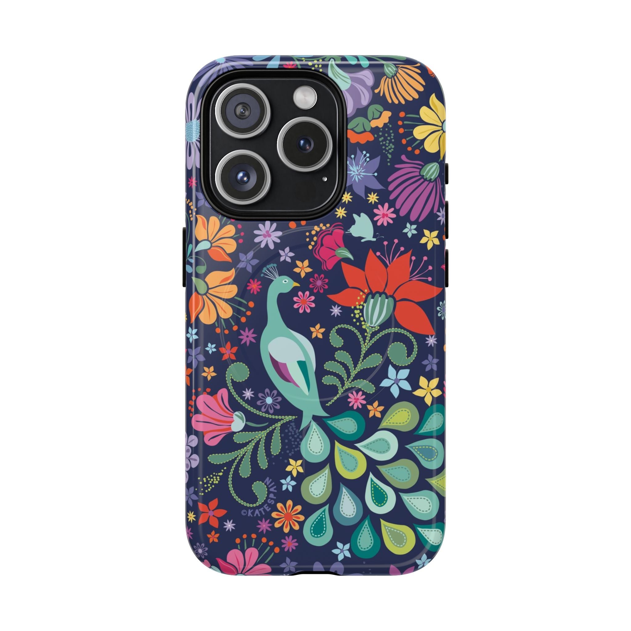 Peacock Sanctuary MagSafe iPhone 15 Pro Case – Glossy | navy, teal, coral multicolor vibrant peacock feather botanical print