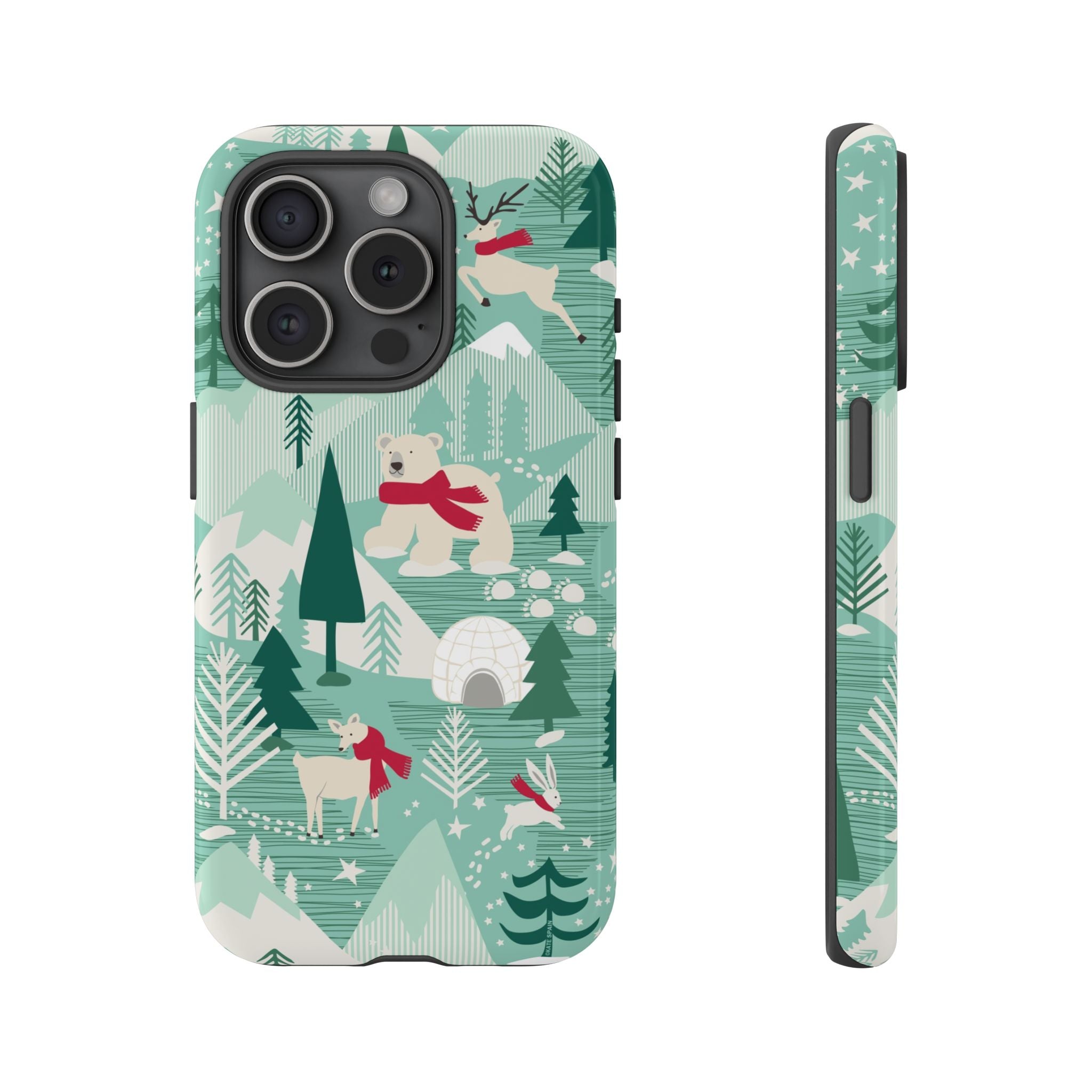 Arctica Winter Tough iPhone 15 Pro Case – Glossy | aqua, evergreen, white, animal frolic winter wonderland print