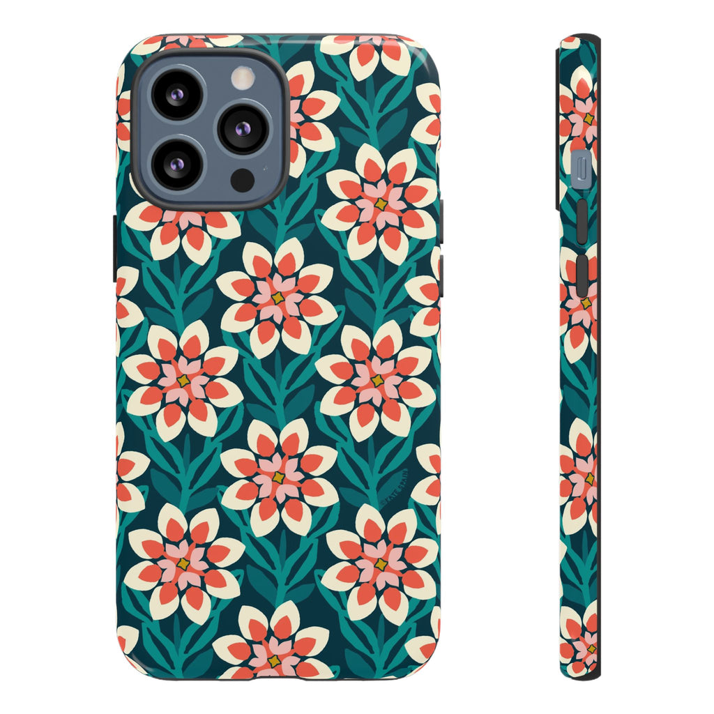 Modern Dahlia Tough iPhone 13 Pro Max Case – Glossy | teal, coral, cream geometric dahlia floral print