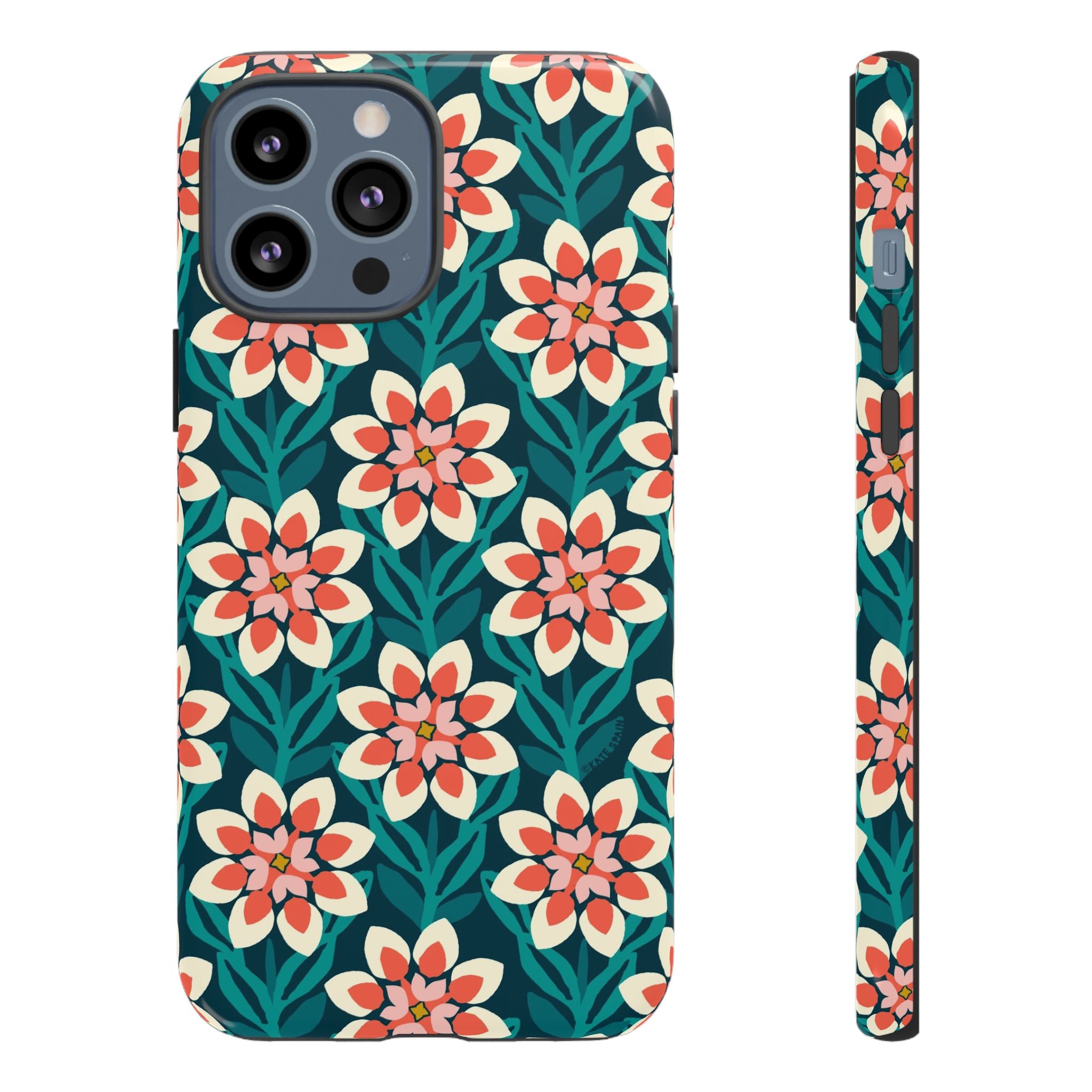 Modern Dahlia Tough iPhone 13 Pro Max Case – Glossy | teal, coral, cream geometric dahlia floral print