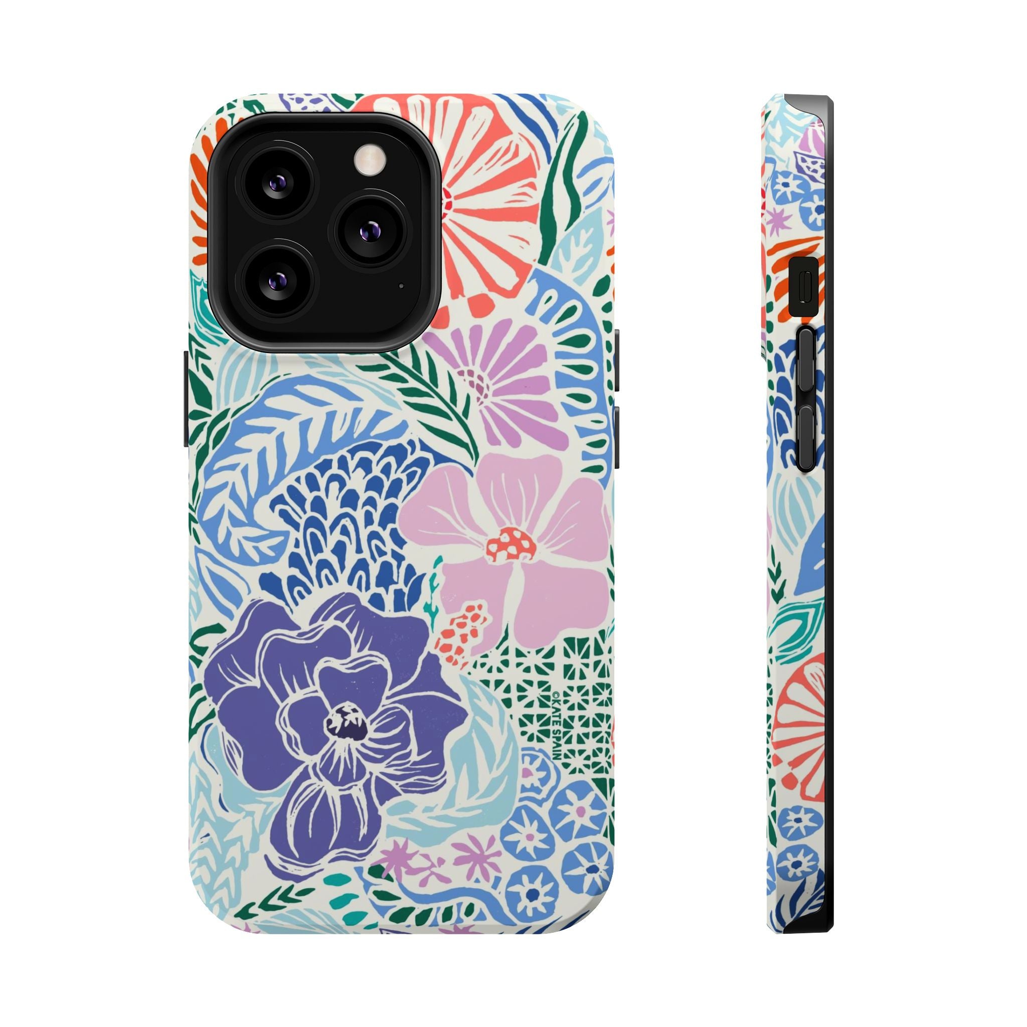 Tropica MagSafe iPhone 13 Pro Case – Matte | purple, coral, pink, blue botanical tropical floral print MagSafe compatible, dual-layer protection