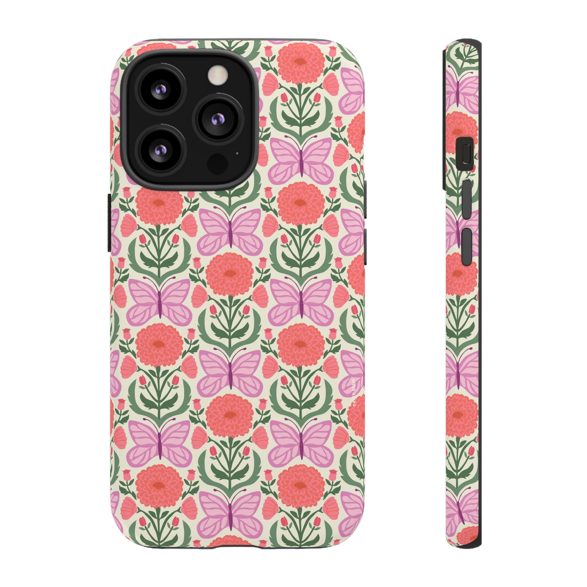 Pink Butterfly Tough iPhone 13 Pro Case – Matte | pink, coral, green, cream butterfly floral print