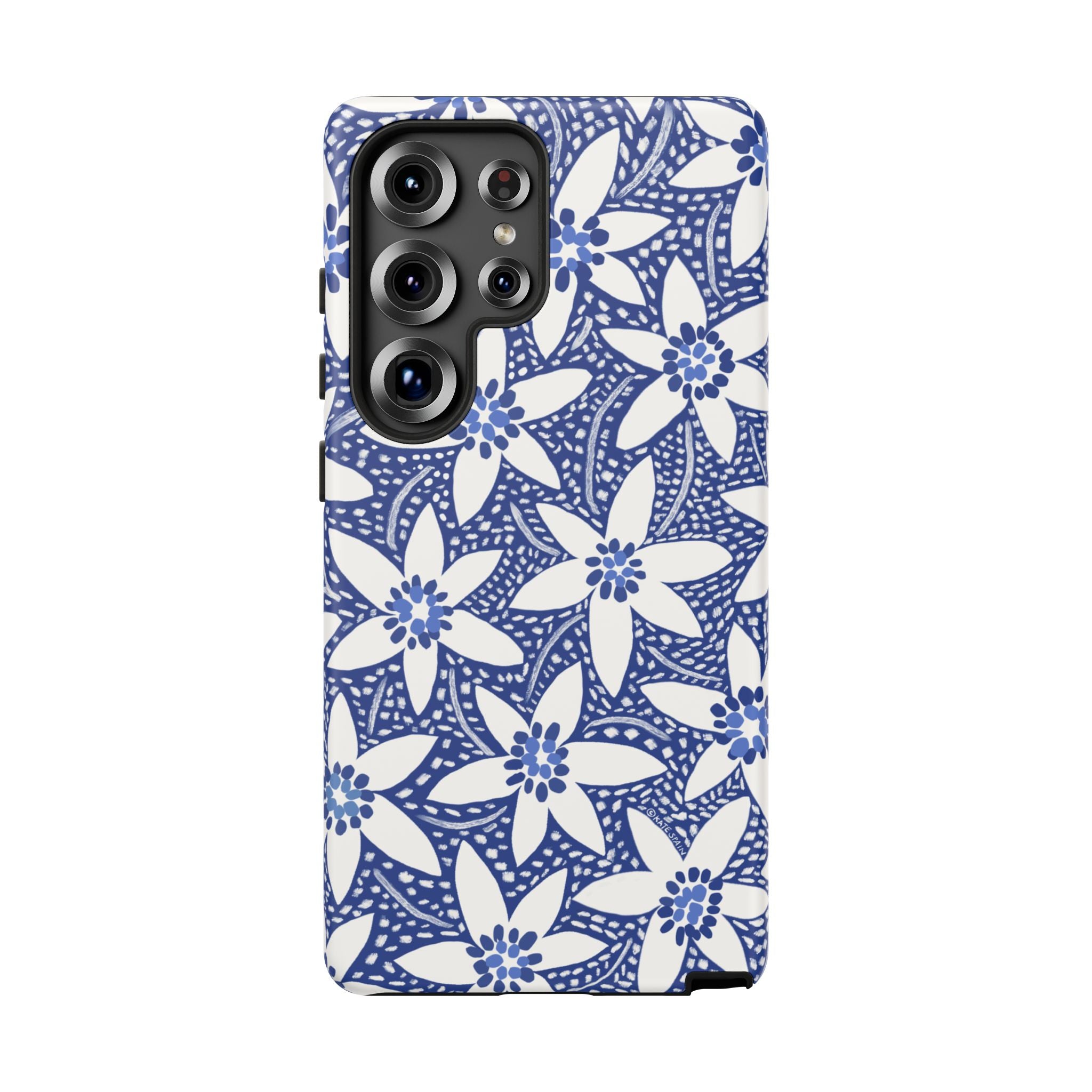 Starflower Samsung Galaxy S25 Ultra Case – Glossy | navy, white geometric starflower print