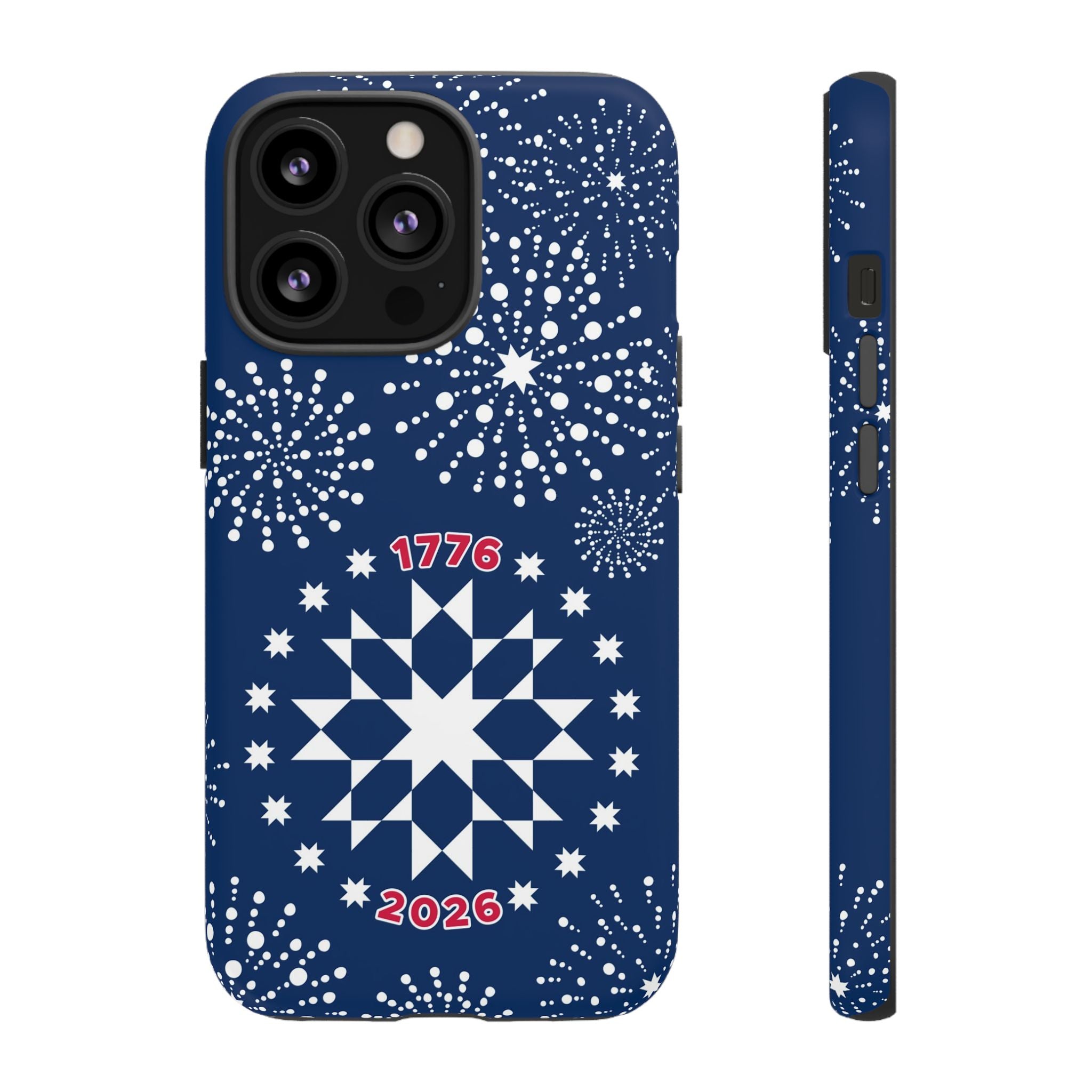 250th Fireworks Tough iPhone 13 Pro Case – Matte | navy, white patriotic star quilt fireworks print