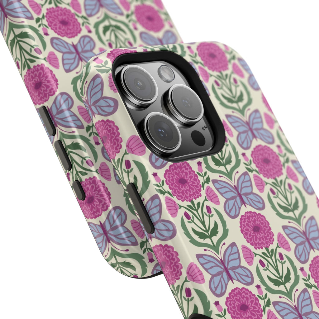 Butterfly MagSafe iPhone 16 Pro Max Case Glossy – side profile showing 3-lens camera in slim fit | cream, magenta, periwinkle butterfly floral print
