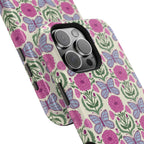 Butterfly MagSafe iPhone 16 Pro Max Case Glossy – side profile showing 3-lens camera in slim fit | cream, magenta, periwinkle butterfly floral print