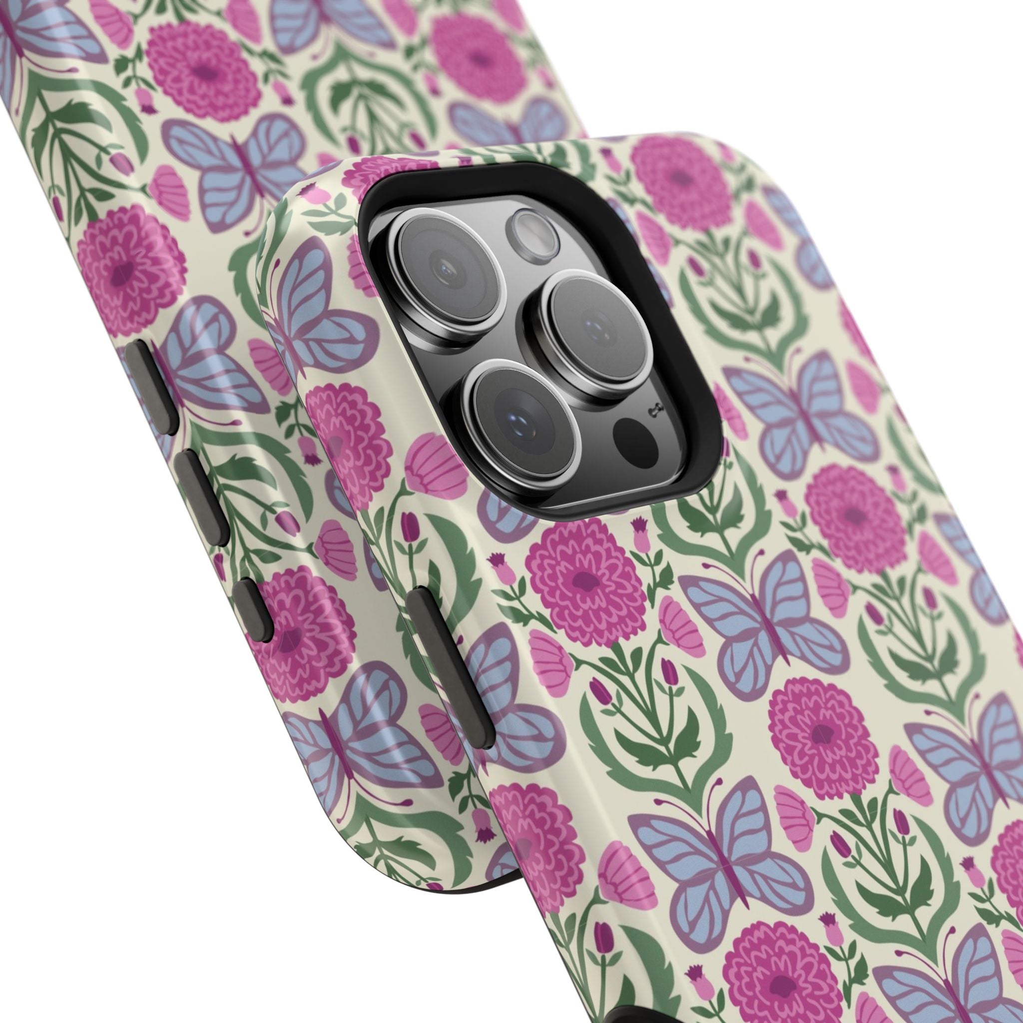 Butterfly MagSafe iPhone 16 Pro Max Case Glossy – side profile showing 3-lens camera in slim fit | cream, magenta, periwinkle butterfly floral print