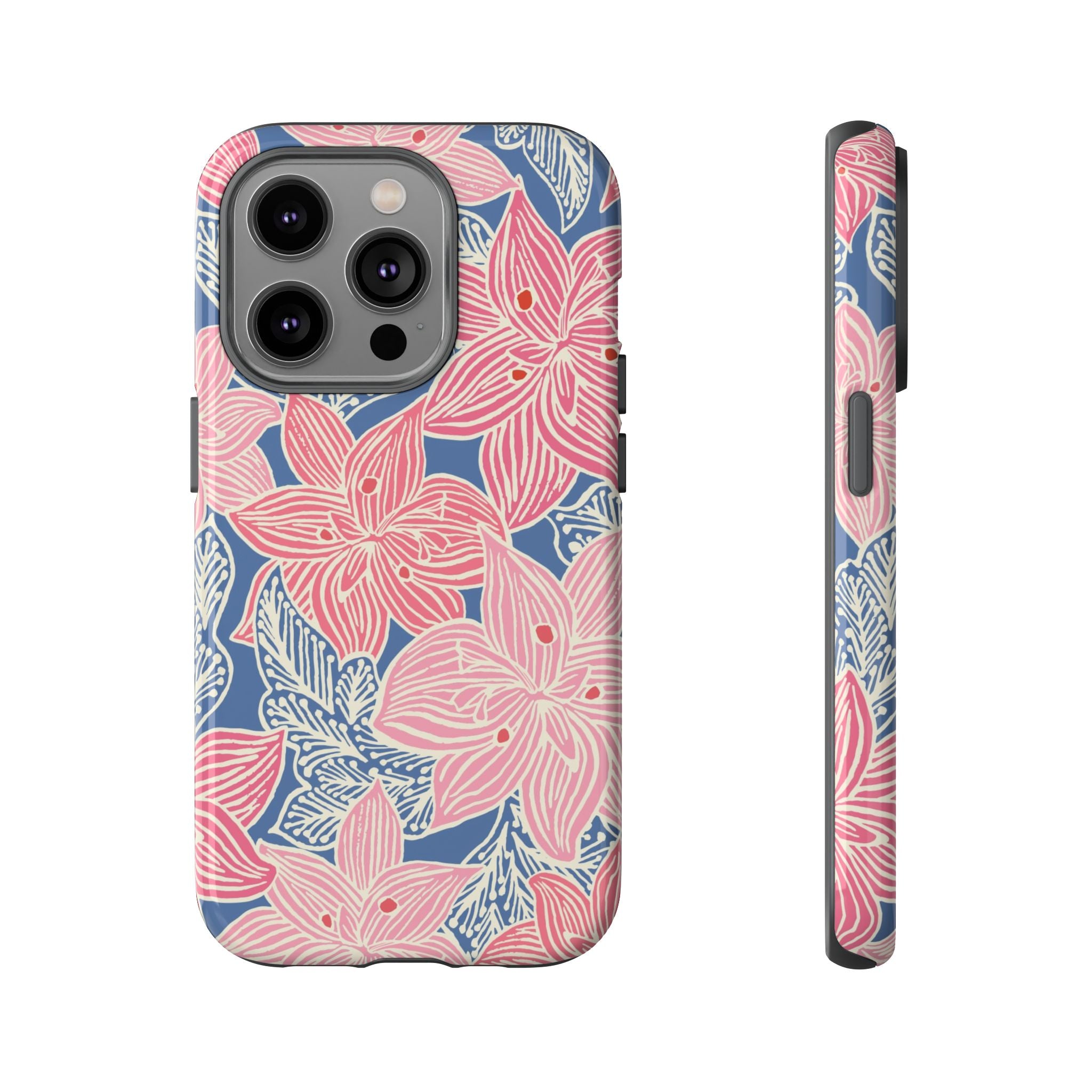 Hibiscus Lagoon Tough iPhone 14 Pro Case – Glossy | coral, blush, cream, dusty blue hibiscus botanical print
