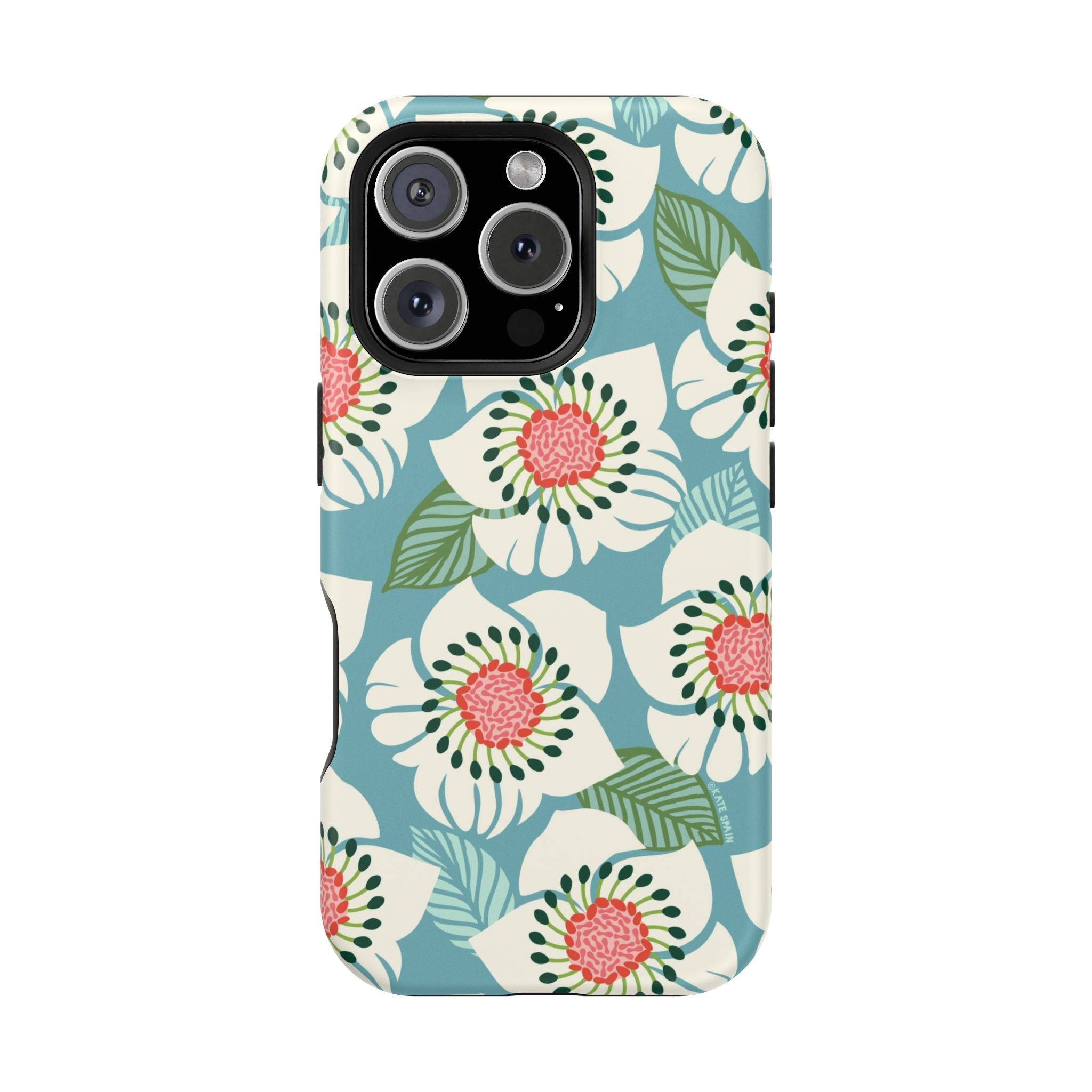 Panache Floral MagSafe iPhone 16 Pro Case – Glossy | sky blue, pale cream, pink anemone floral print