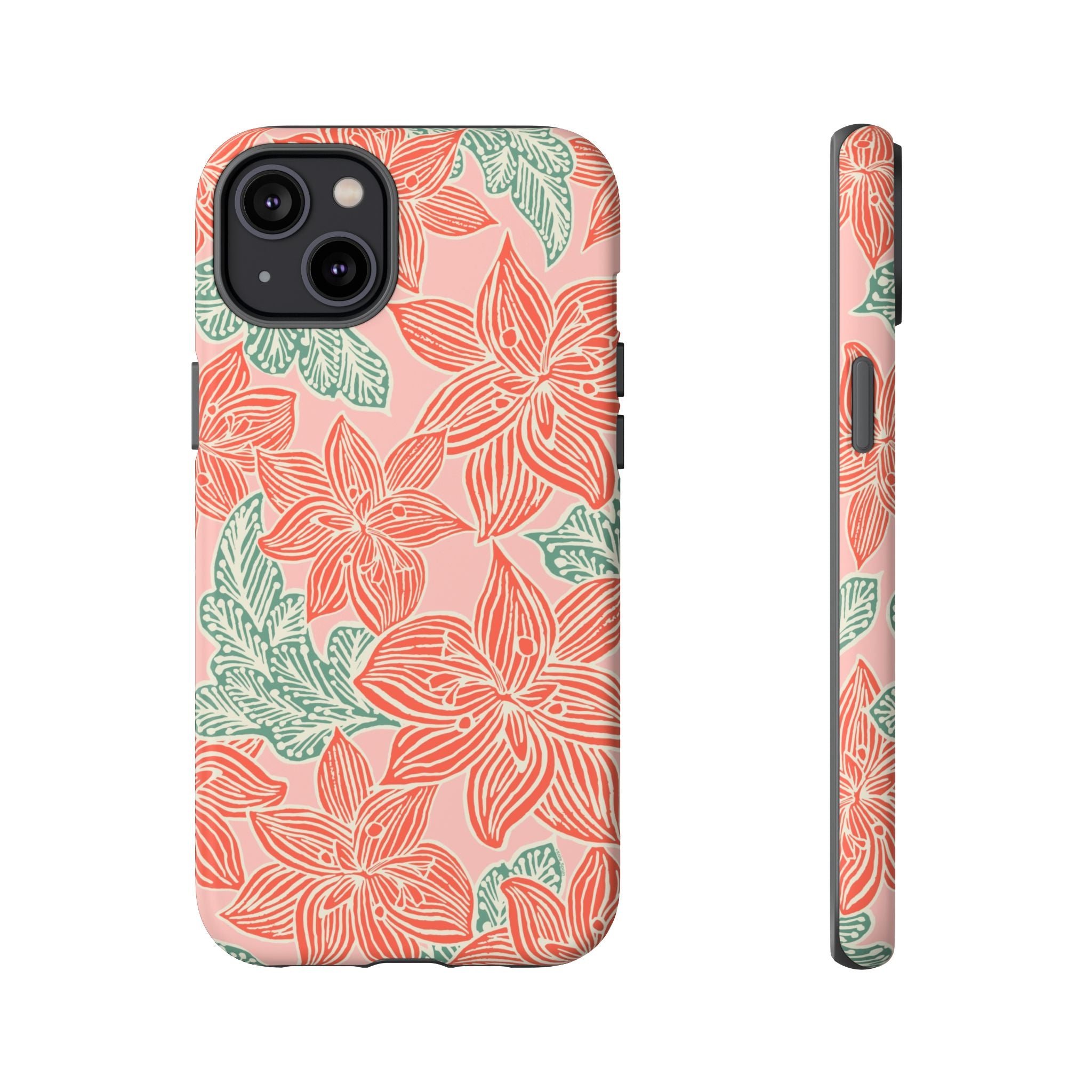 Hibiscus Coral iPhone 14 Plus Matte Case — blush pink hard case with large-scale coral red hibiscus flowers and teal-green leaves in a bold botanical linework print, densely layered across the surface