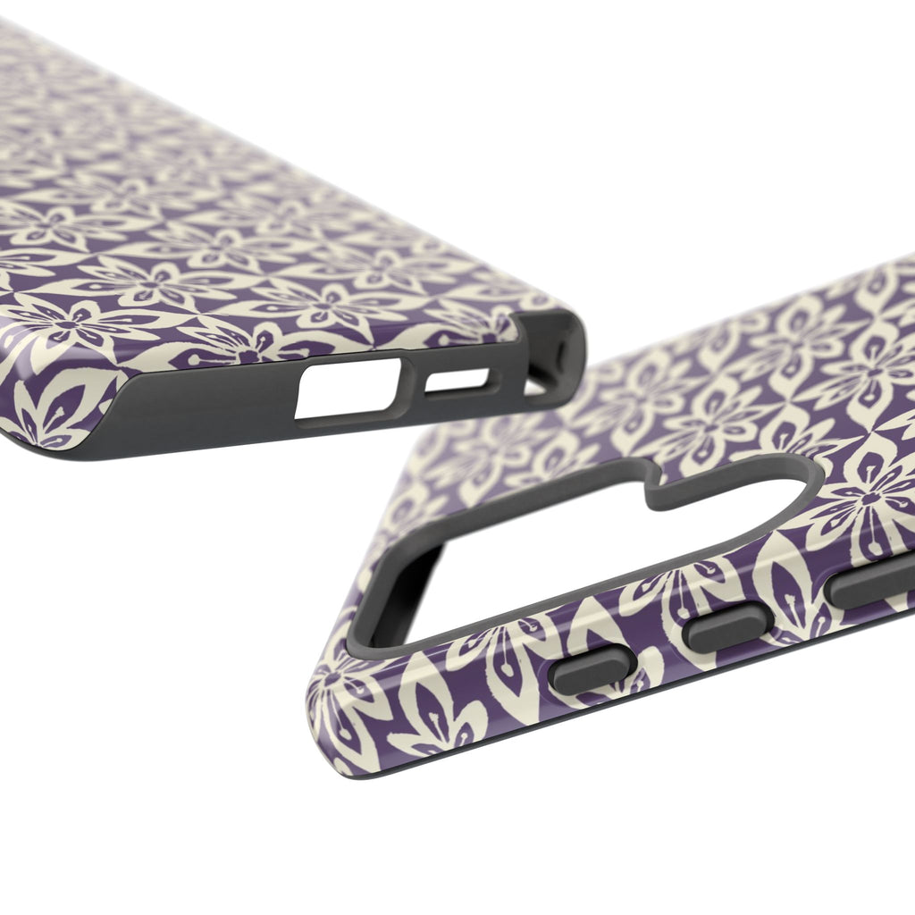 Lily Plum Samsung Galaxy S25 Ultra Glossy case — dual view showing ports, camera cutout, and buttons — graphic white lily on rich violet by Kate Spain